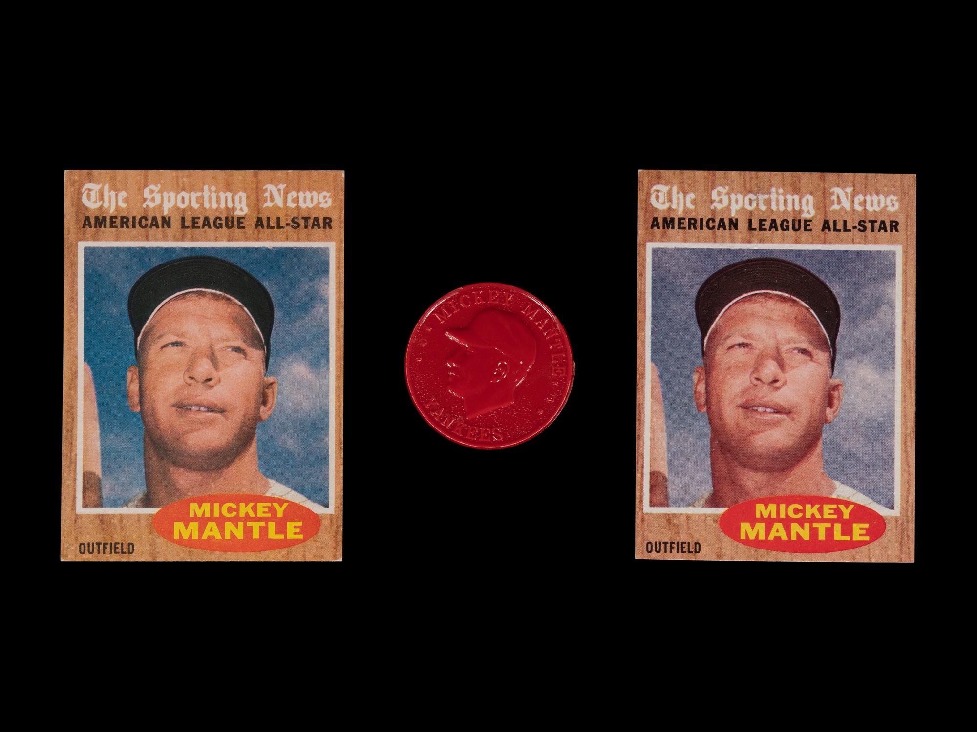 A Group of Two 1962 Topps Mickey Mantle Baseball Cards (No. 471) and 1955 Armour Red Coin,