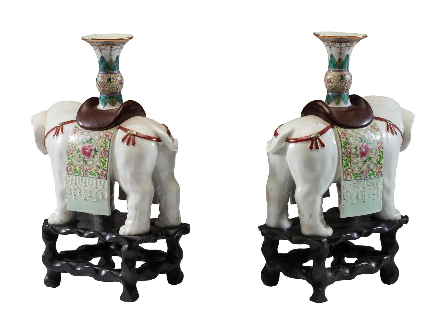 A Pair of Chinese Export Porcelain Elephant Candlesticks