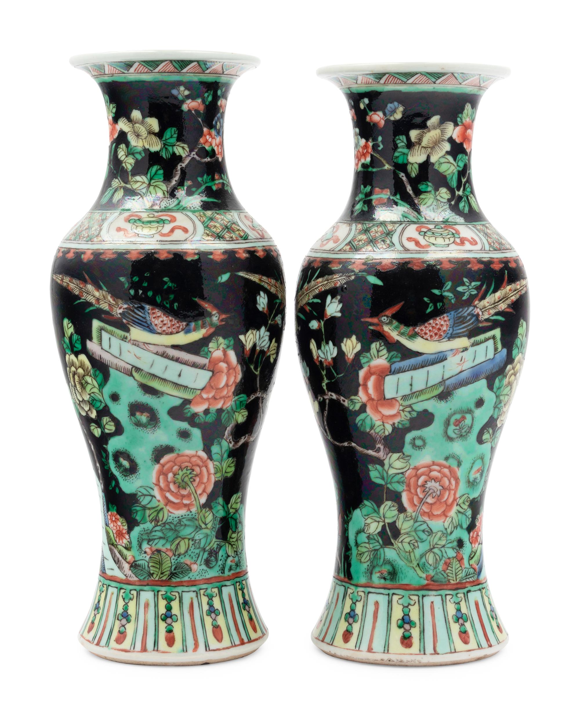 A Pair of Chinese Famille Noire Porcelain Yenyen Vases