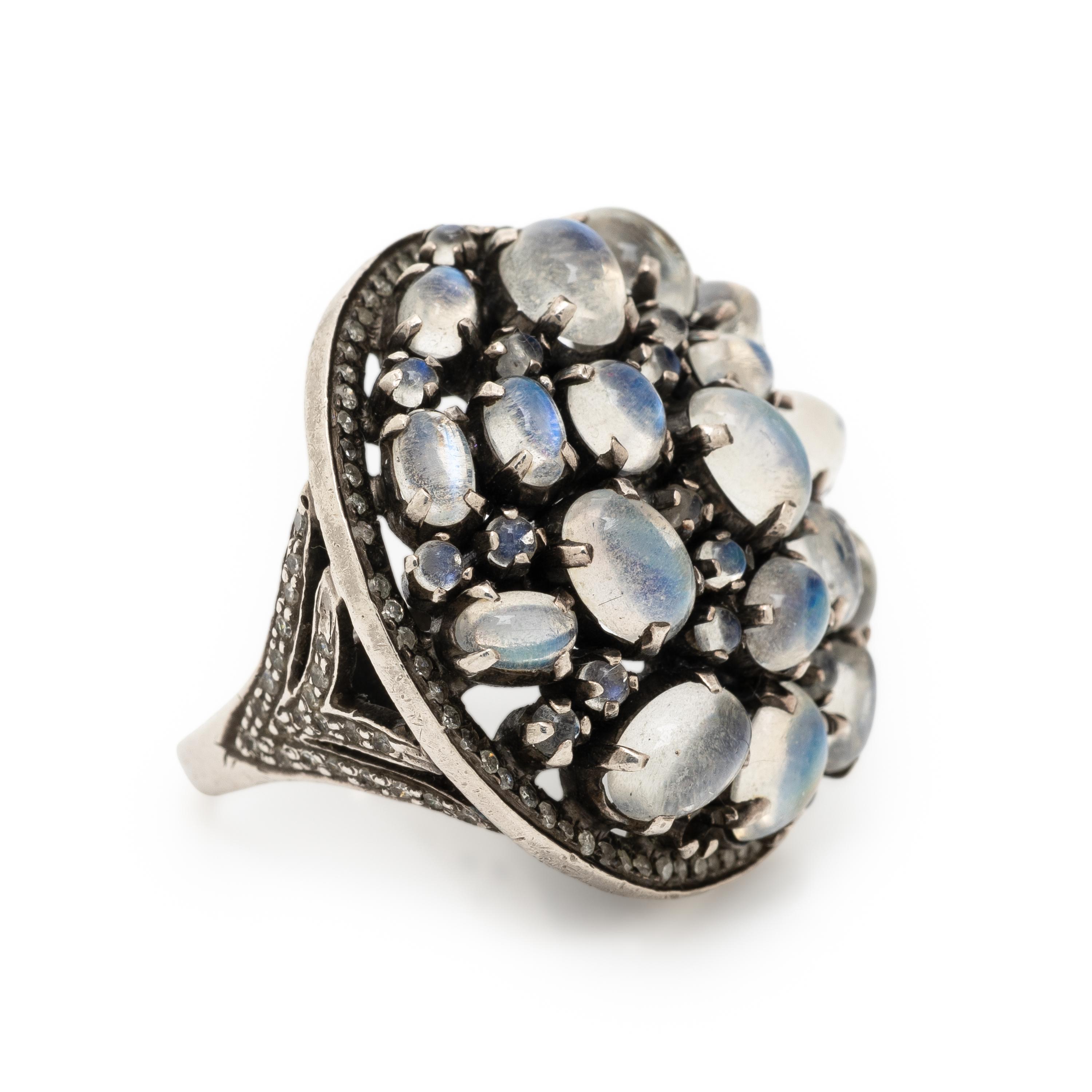 Silver, Moonstone, and Diamond Ring