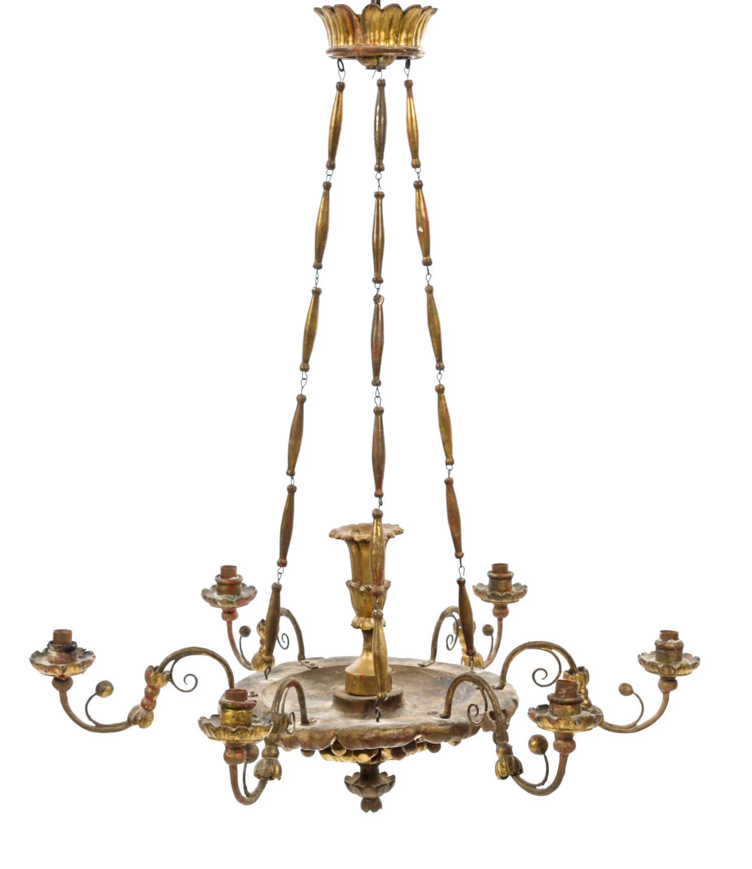 An Italian Giltwood Six-Light Chandelier Height 37 x diameter 30 inches. — 19TH CENTURY