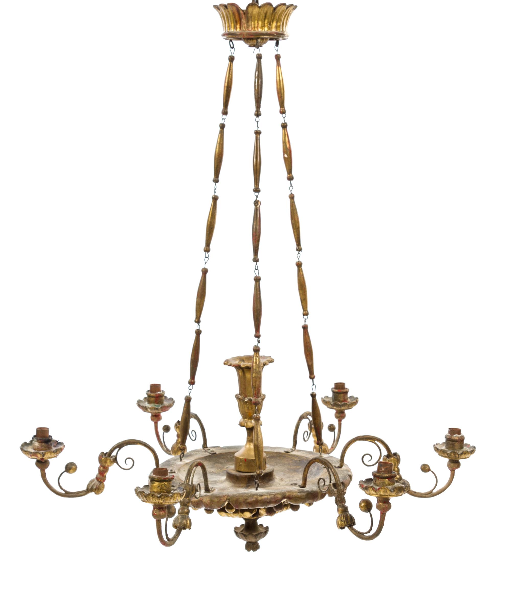 An Italian Giltwood Six-Light Chandelier Height 37 x diameter 30 inches. — 19TH CENTURY