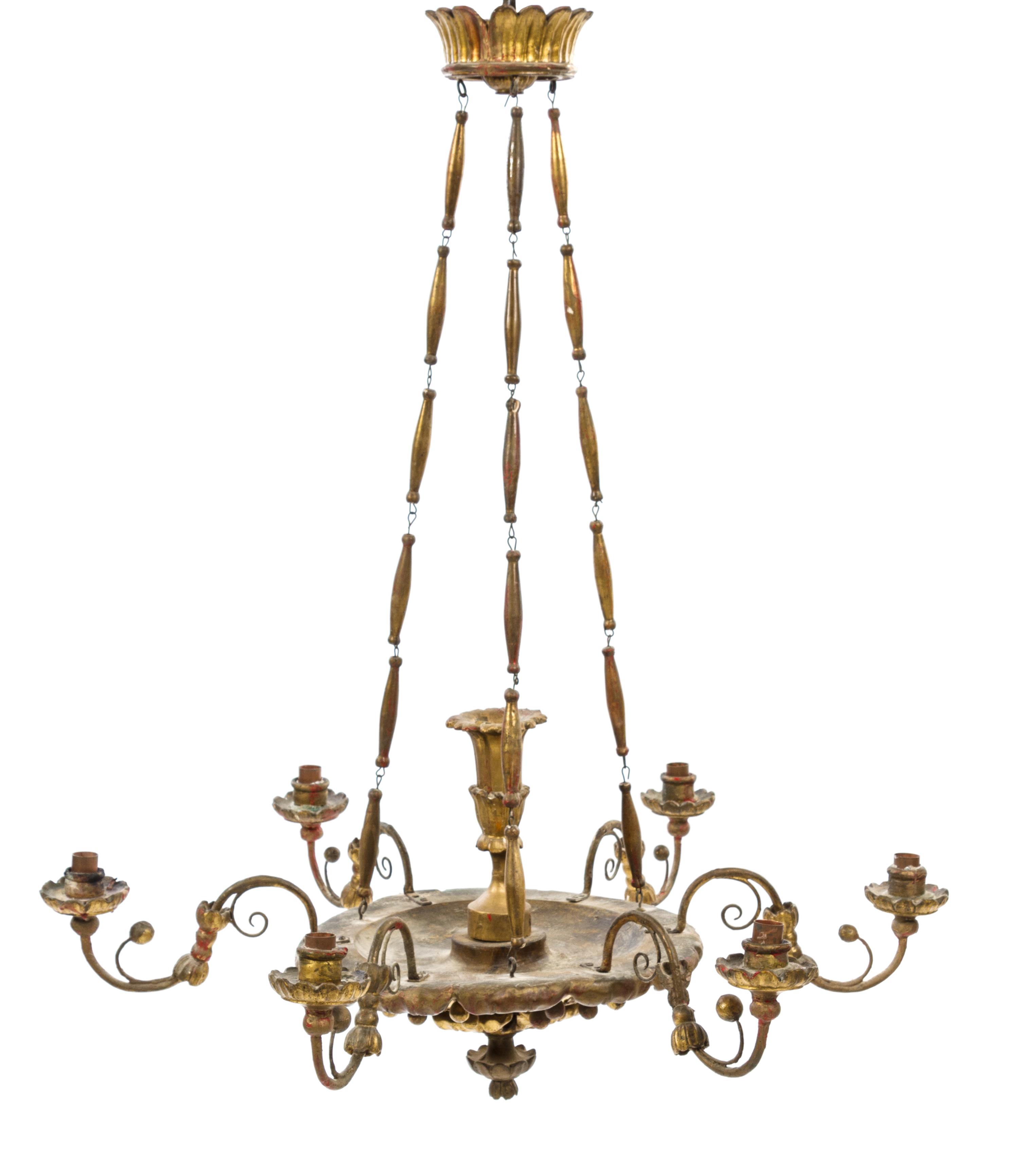 An Italian Giltwood Six-Light Chandelier Height 37 x diameter 30 inches. — 19TH CENTURY