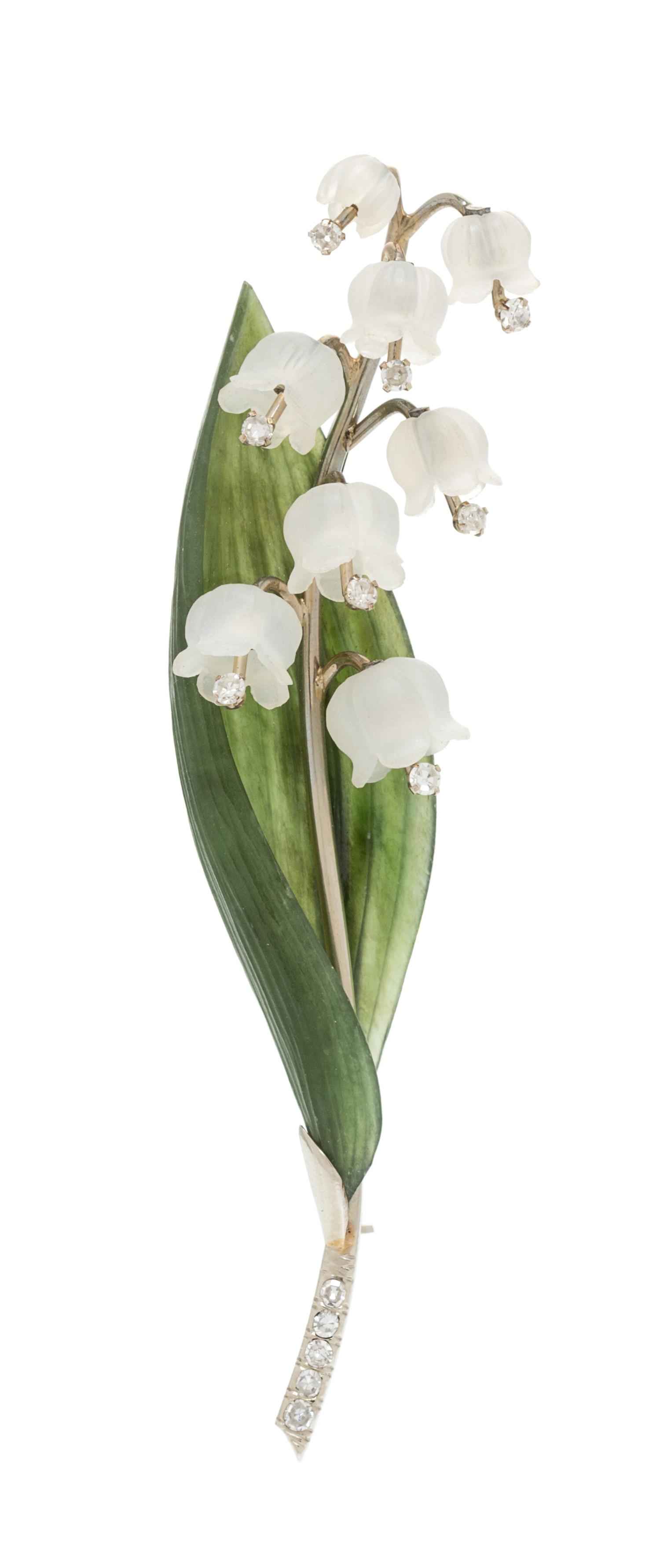 A White Gold, Nephrite, Rock Crystal, and Diamond Lily-of-the-Valley Brooch, Austrian, 8.30 dwts.