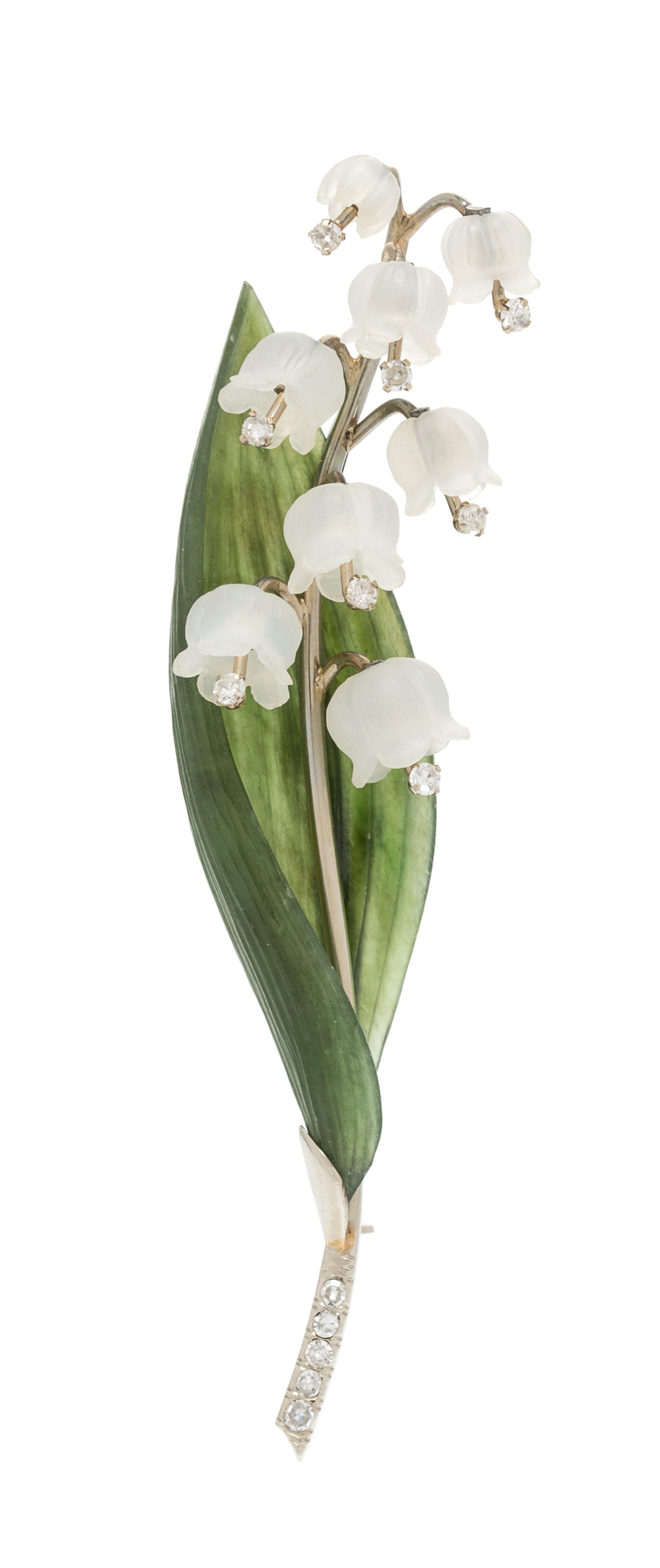 A White Gold, Nephrite, Rock Crystal, and Diamond Lily-of-the-Valley Brooch, Austrian, 8.30 dwts.