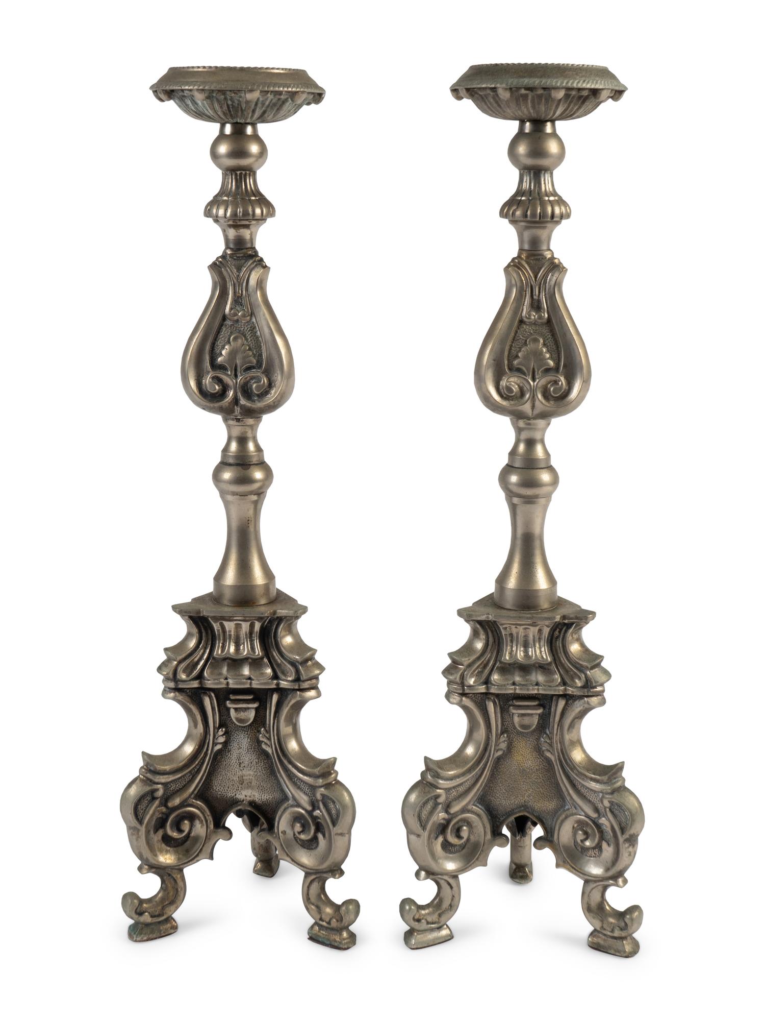 A Pair of Italian Renaissance Style Silvered Brass Pricketsticks