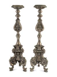 A Pair of Italian Renaissance Style Silvered Brass Pricketsticks
