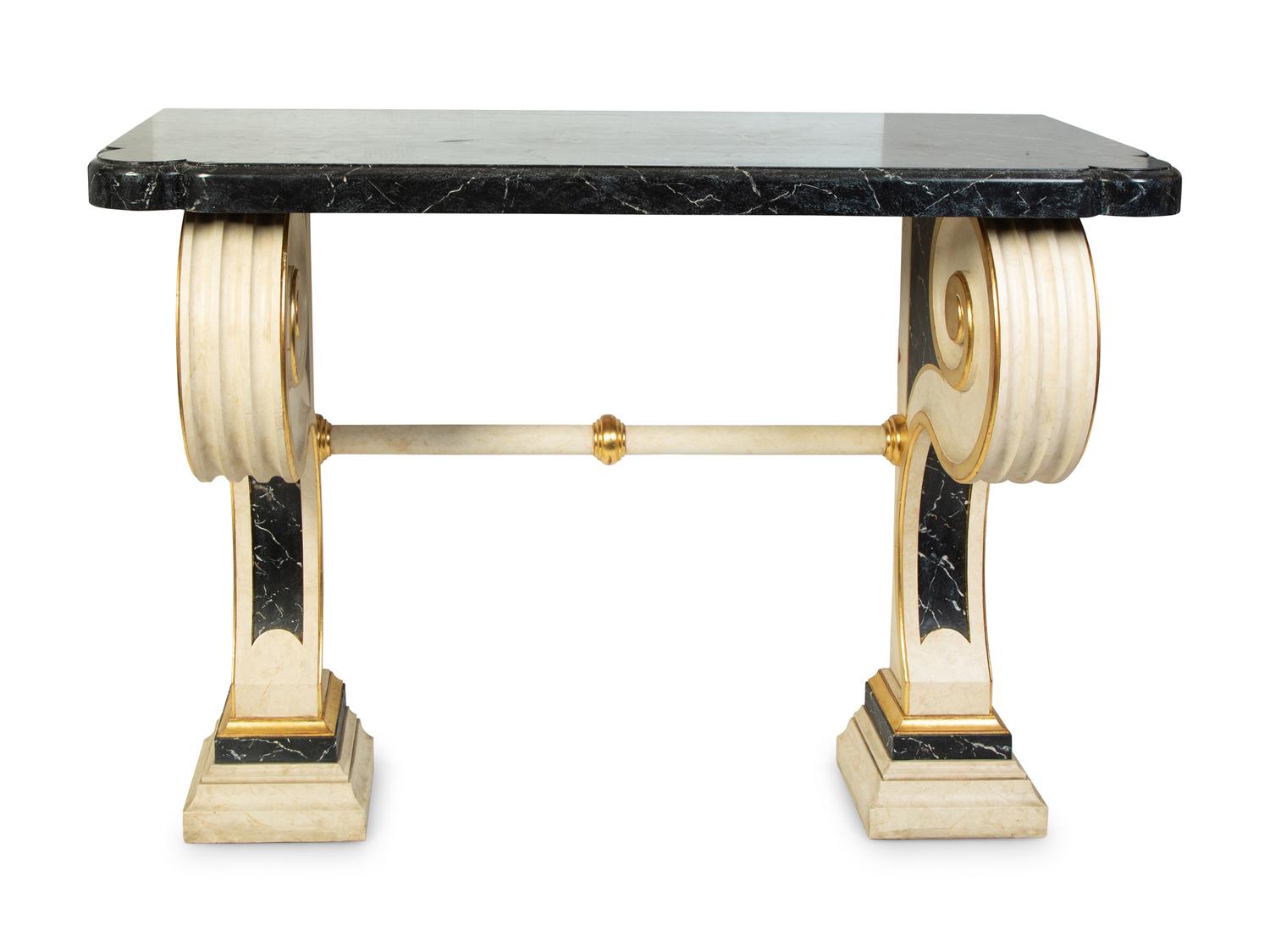 A Pair of Neoclassical Style Painted and Parcel Gilt Faux-Marble Consoles — 20TH CENTURY