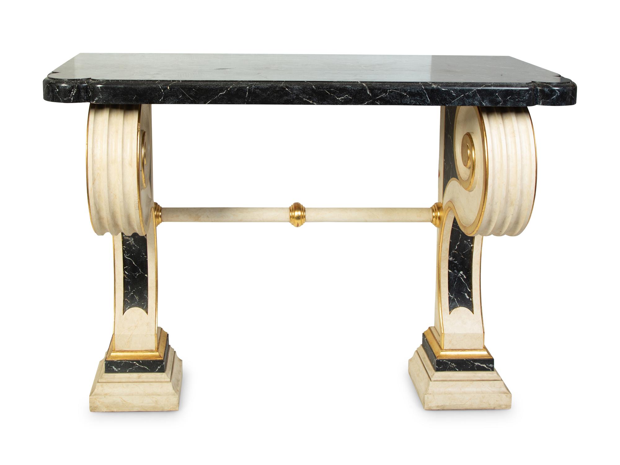 A Pair of Neoclassical Style Painted and Parcel Gilt Faux-Marble Consoles — 20TH CENTURY