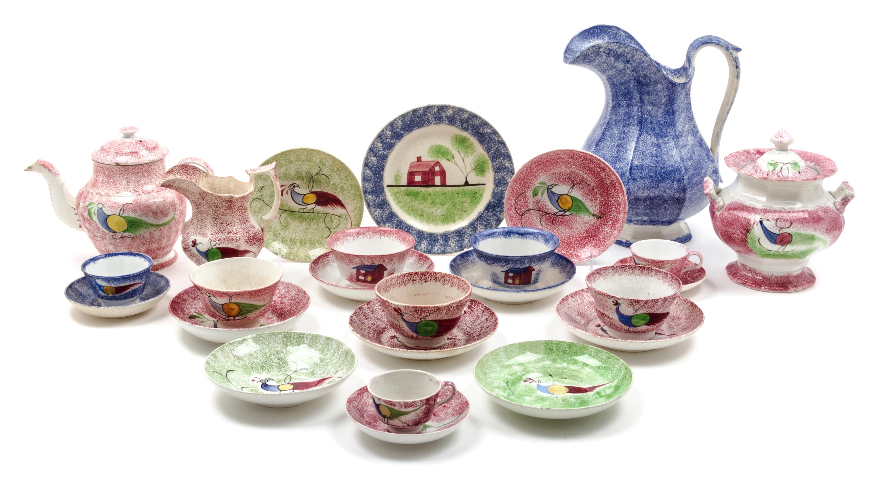 A Collection of English Spatter Porcelain Table Articles Height of largest 10 1/2 inches.