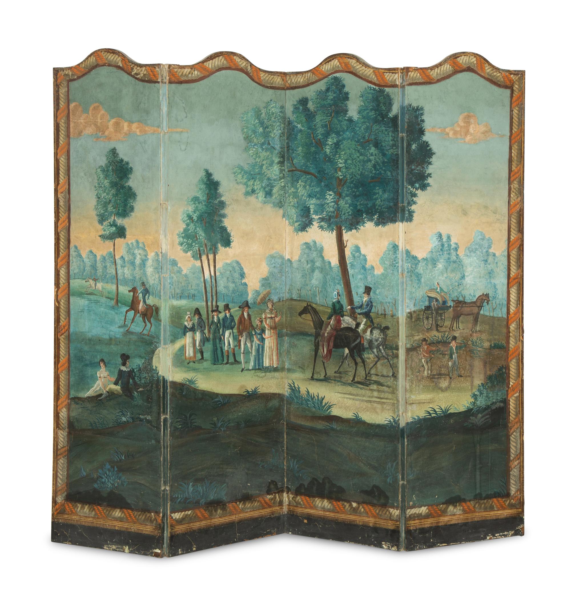 A French Painted Wallpaper Four-Panel Floor Screen