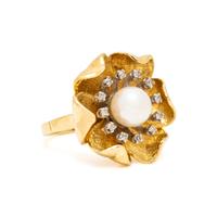 YELLOW GOLD, CULTURED PEARL, AND DIAMOND FLOWER RING