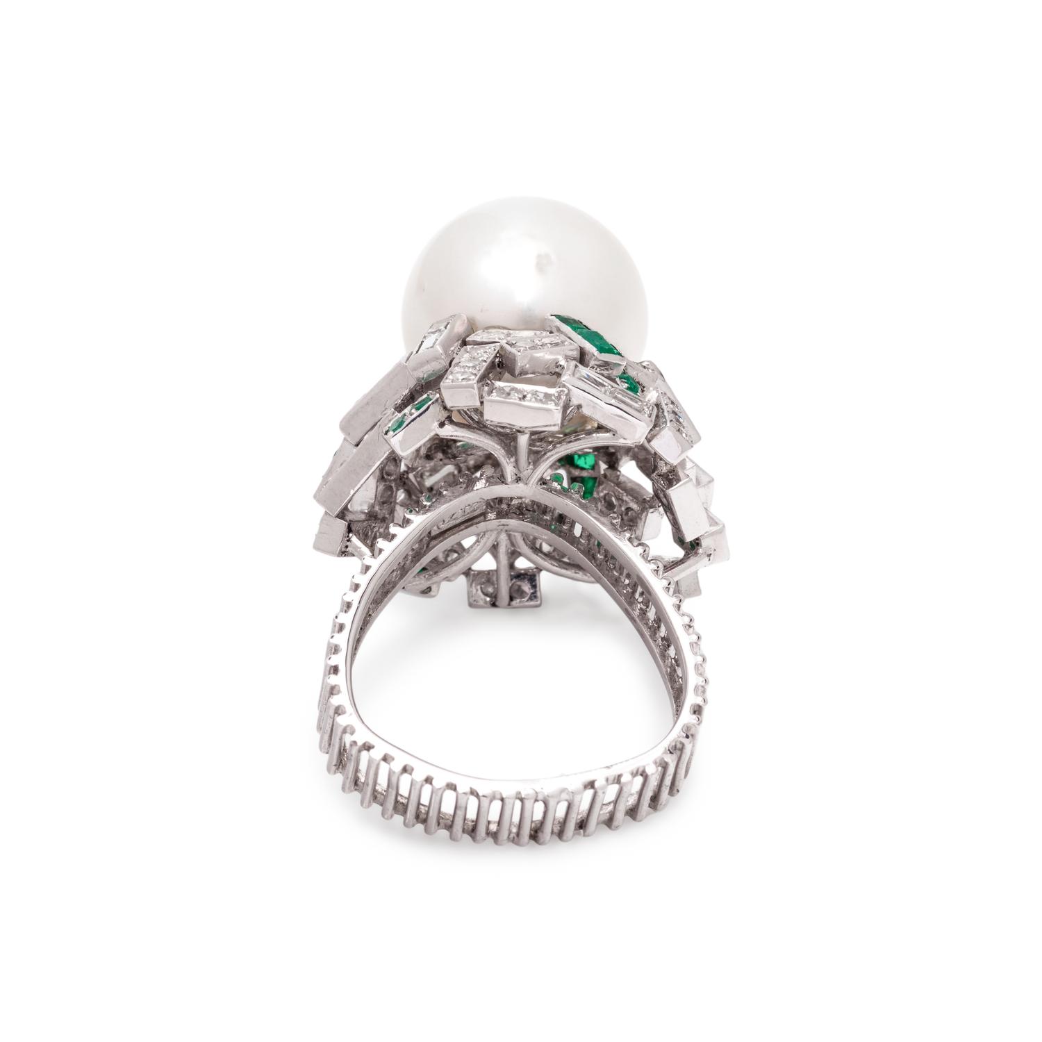 CULTURED SOUTH SEA PEARL, DIAMOND AND EMERALD RING