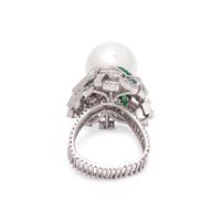 CULTURED SOUTH SEA PEARL, DIAMOND AND EMERALD RING