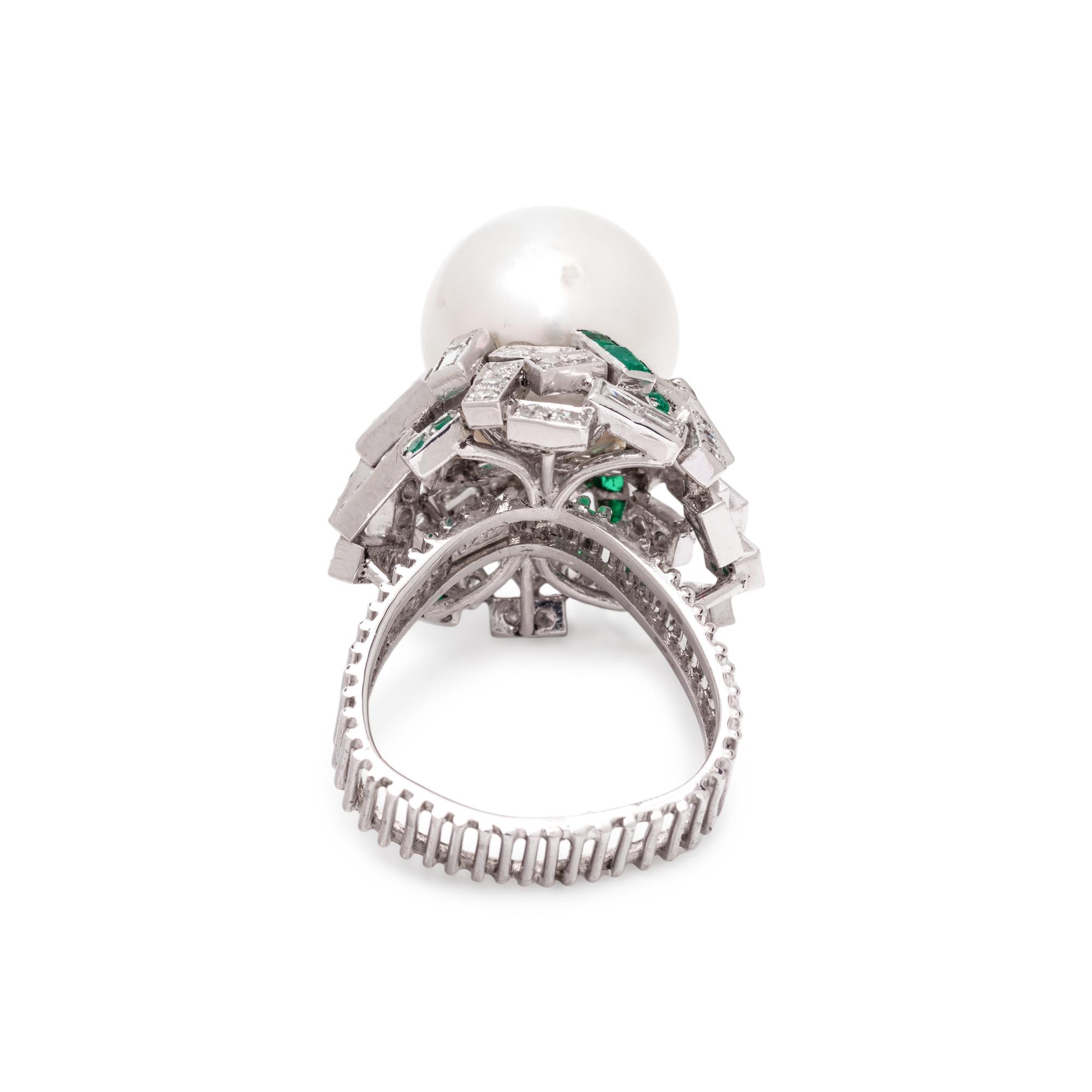 CULTURED SOUTH SEA PEARL, DIAMOND AND EMERALD RING