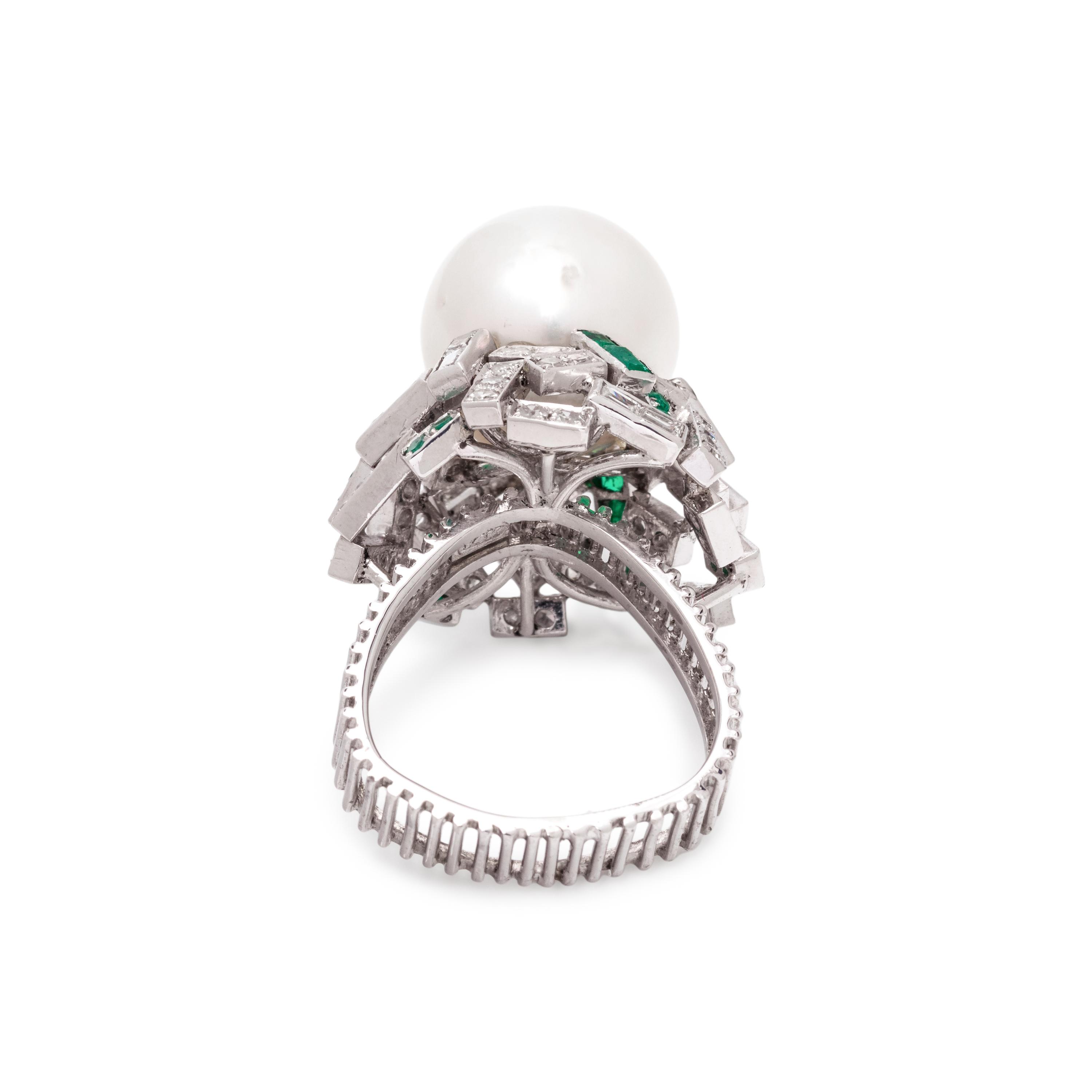 CULTURED SOUTH SEA PEARL, DIAMOND AND EMERALD RING