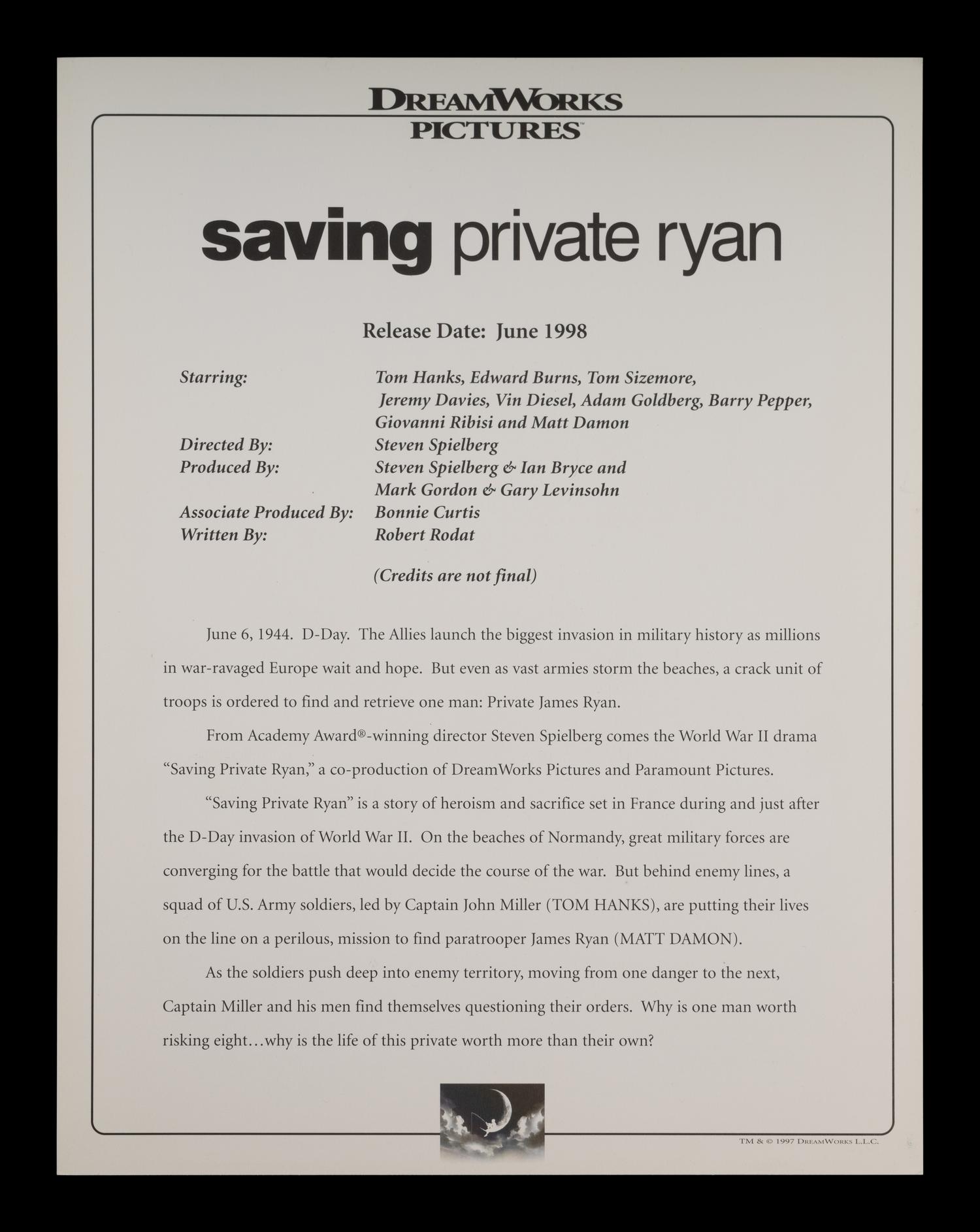 (Film Memorabilia) A group of 3 pieces of memorabilia relating to Saving Private Ryan . Amblin Entertainment, Mutual Film Company: 1998. Comprising: