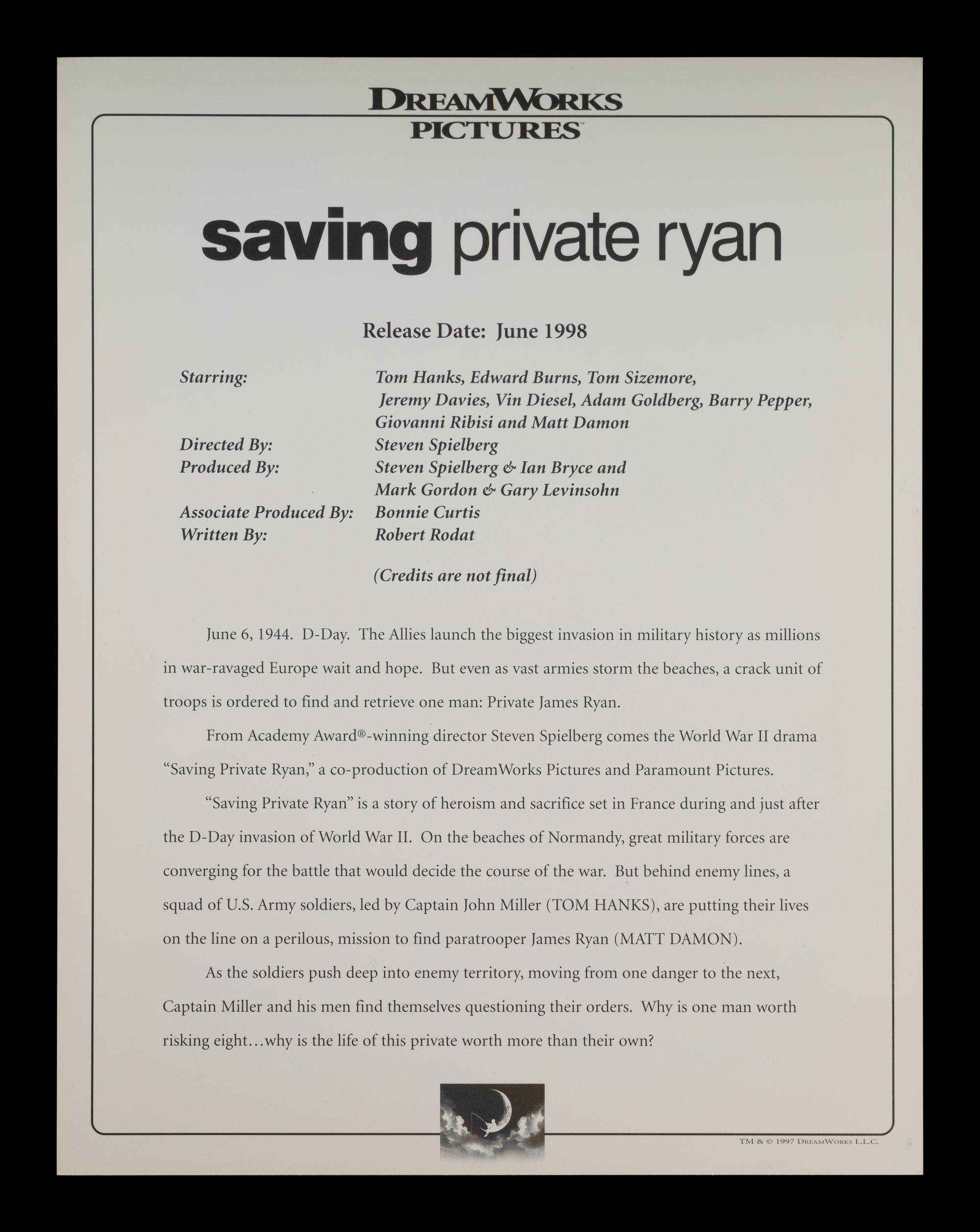 (Film Memorabilia) A group of 3 pieces of memorabilia relating to Saving Private Ryan . Amblin Entertainment, Mutual Film Company: 1998. Comprising: