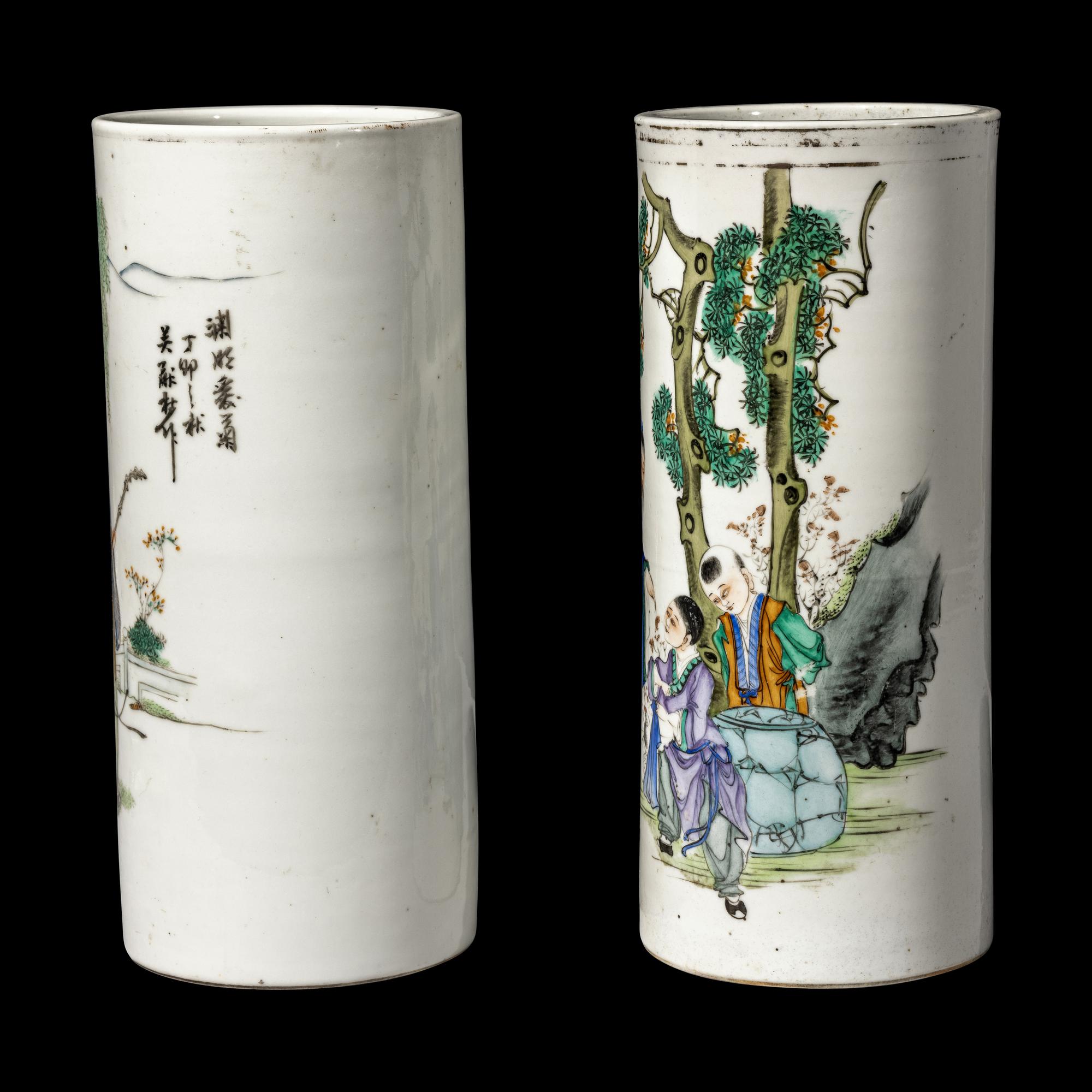 Two Chinese Painted Porcelain Hat Stands