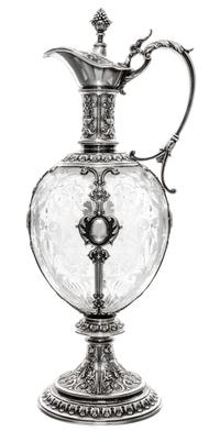 A German Silver and Etched Glass Wine Ewer, Likely Koch & Bergfeld, Bremen, 19th century, having a berry finial surmounting a floral an