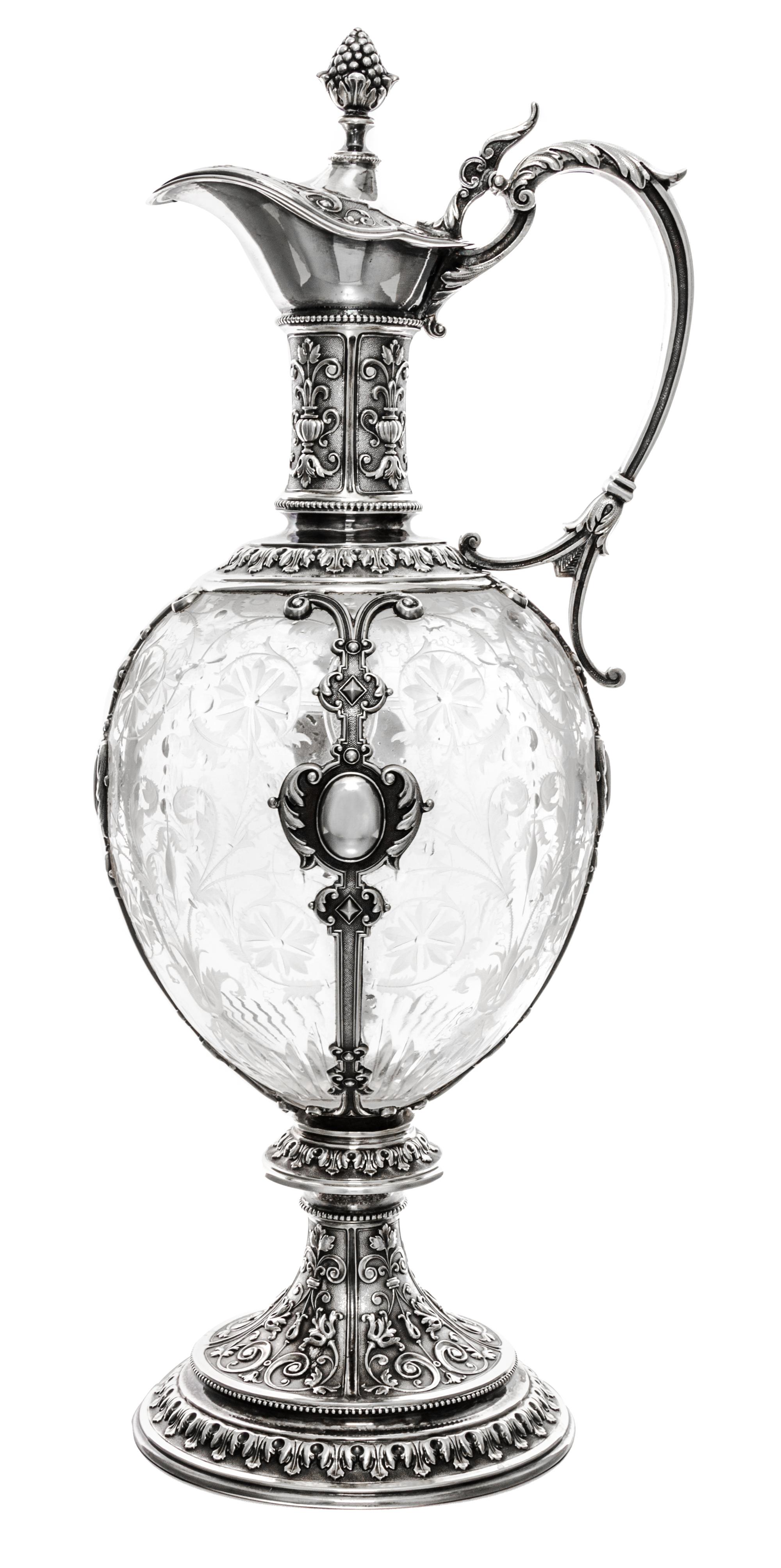 A German Silver and Etched Glass Wine Ewer, Likely Koch & Bergfeld, Bremen, 19th century, having a berry finial surmounting a floral an