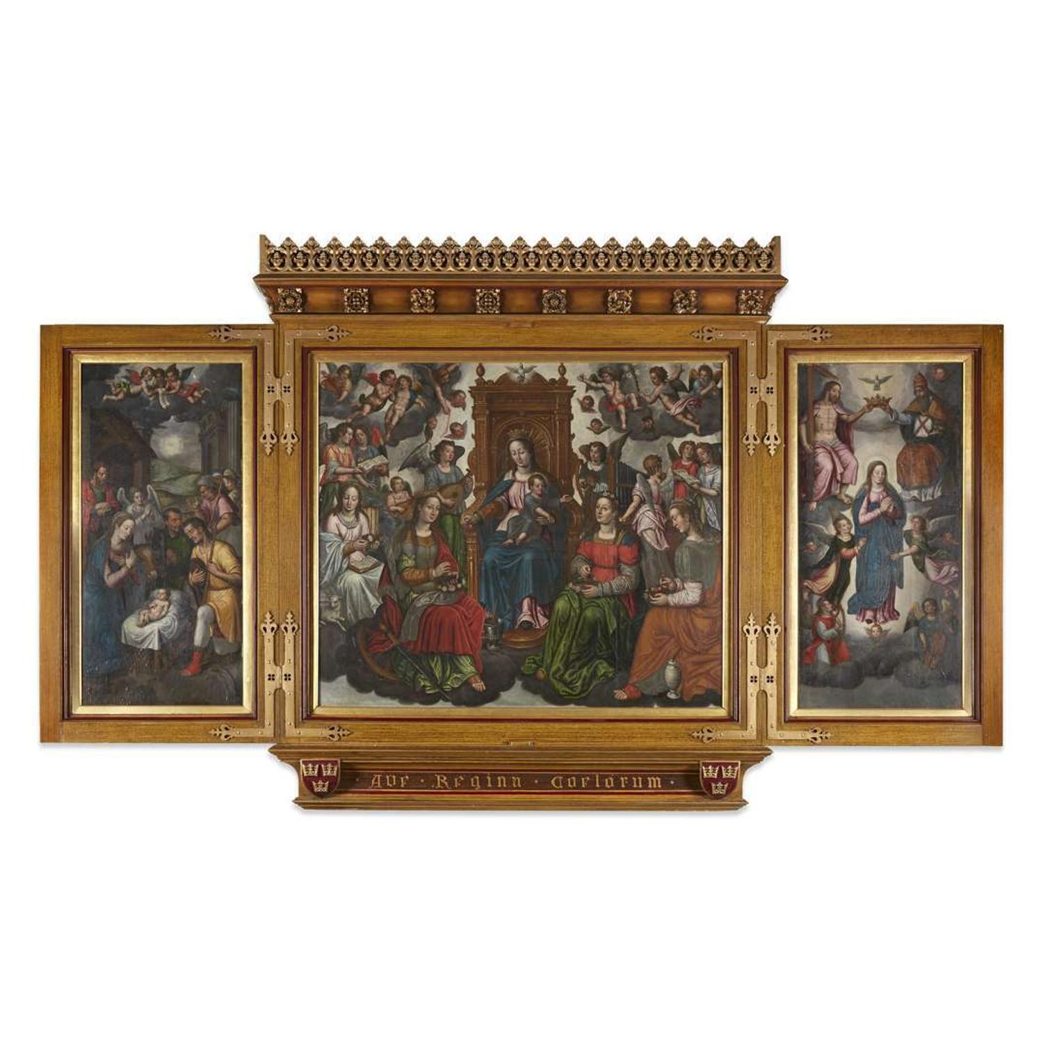 CIRCLE OF JACOB DE BACKER (FLEMISH C.1540-BEFORE 1600) A TRIPTYCHCENTER: THE MADONNA AND CHILD ENTHRONED WITH SAINT CATHERINE, SAINT AGNES, SAINT CECILIA, MARY MAGDALENE AND ANGELS | THE LEFT WING: THE ADORATION OF THE SHEPHERDS | THE RIGHT WING: THE A...