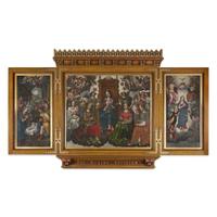 CIRCLE OF JACOB DE BACKER (FLEMISH C.1540-BEFORE 1600) A TRIPTYCHCENTER: THE MADONNA AND CHILD ENTHRONED WITH SAINT CATHERINE, SAINT AGNES, SAINT CECILIA, MARY MAGDALENE AND ANGELS | THE LEFT WING: THE ADORATION OF THE SHEPHERDS | THE RIGHT WING: THE A...