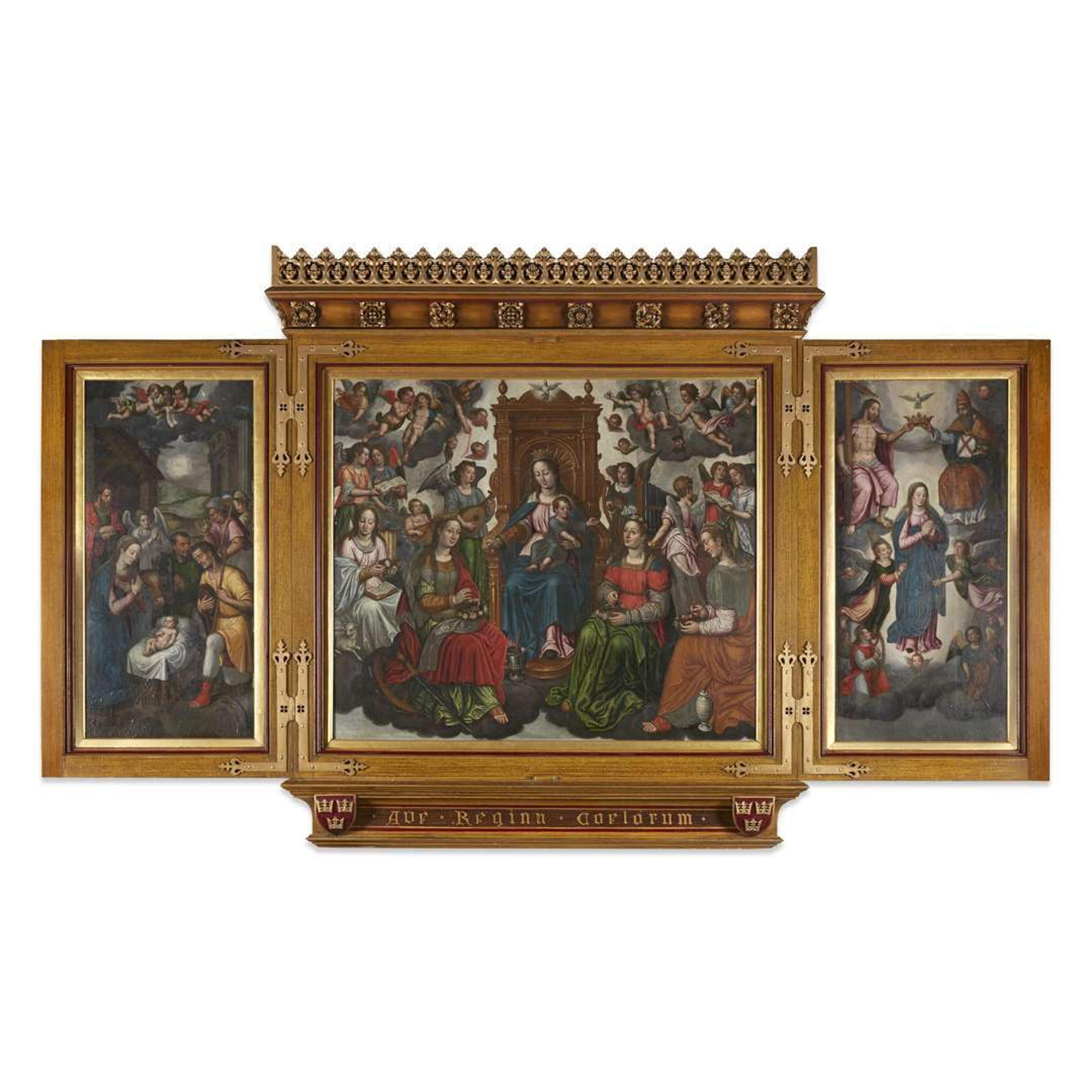 CIRCLE OF JACOB DE BACKER (FLEMISH C.1540-BEFORE 1600) A TRIPTYCHCENTER: THE MADONNA AND CHILD ENTHRONED WITH SAINT CATHERINE, SAINT AGNES, SAINT CECILIA, MARY MAGDALENE AND ANGELS | THE LEFT WING: THE ADORATION OF THE SHEPHERDS | THE RIGHT WING: THE A...