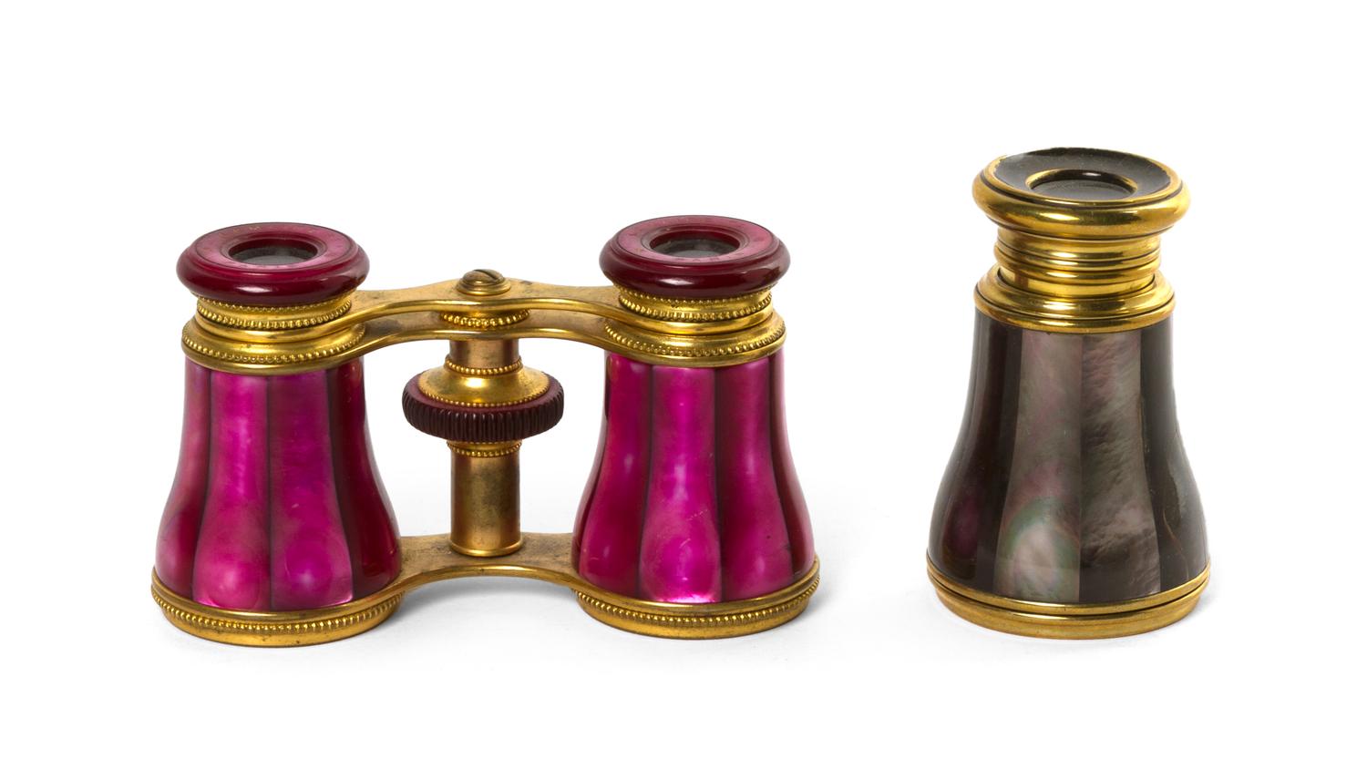 A Pair of French Mother-of-Pearl Veneered Opera Glasses, Lemaire, Width of first 3 7/8 inches.