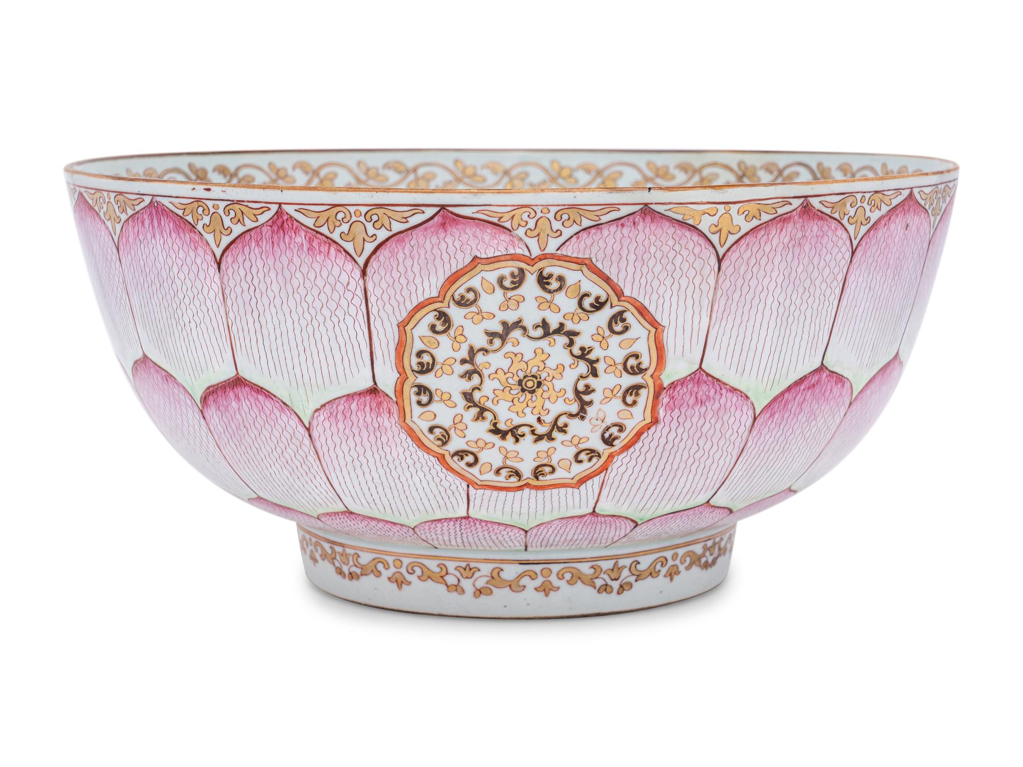 A Large Chinese Export Painted and Parcel-Gilt Porcelain Punch Bowl