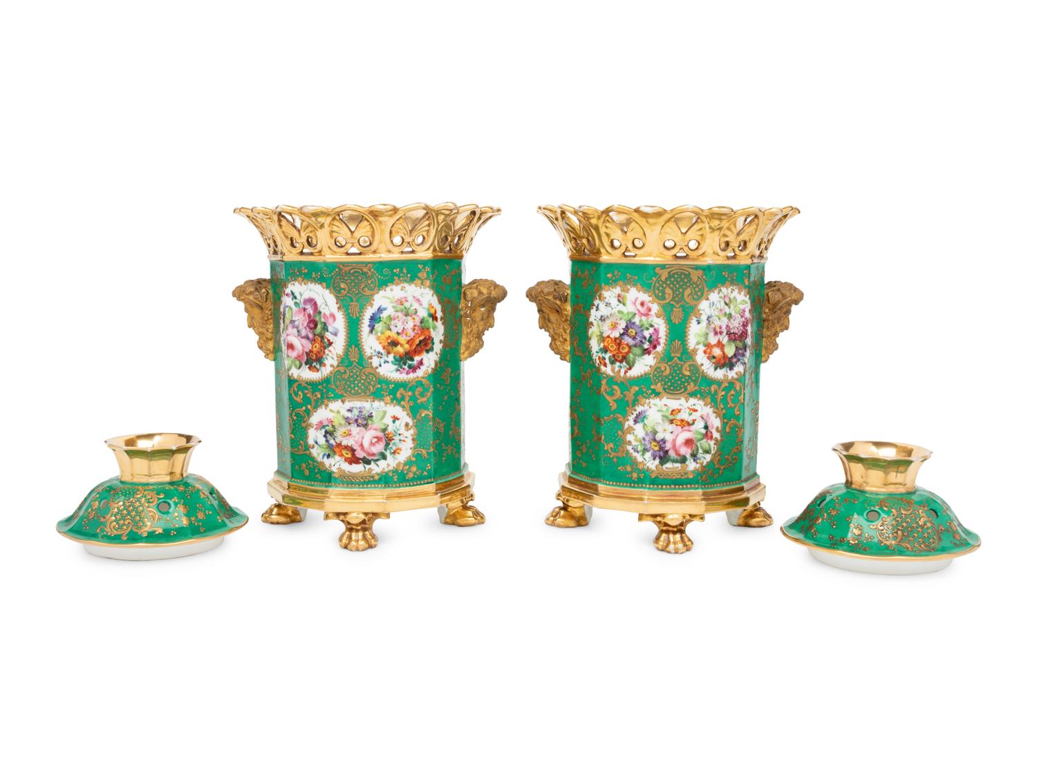 A Pair of French Green-Ground Porcelain Potpourri Urns