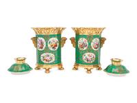 A Pair of French Green-Ground Porcelain Potpourri Urns