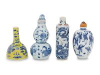 Four Blue and White Porcelain Snuff Bottles