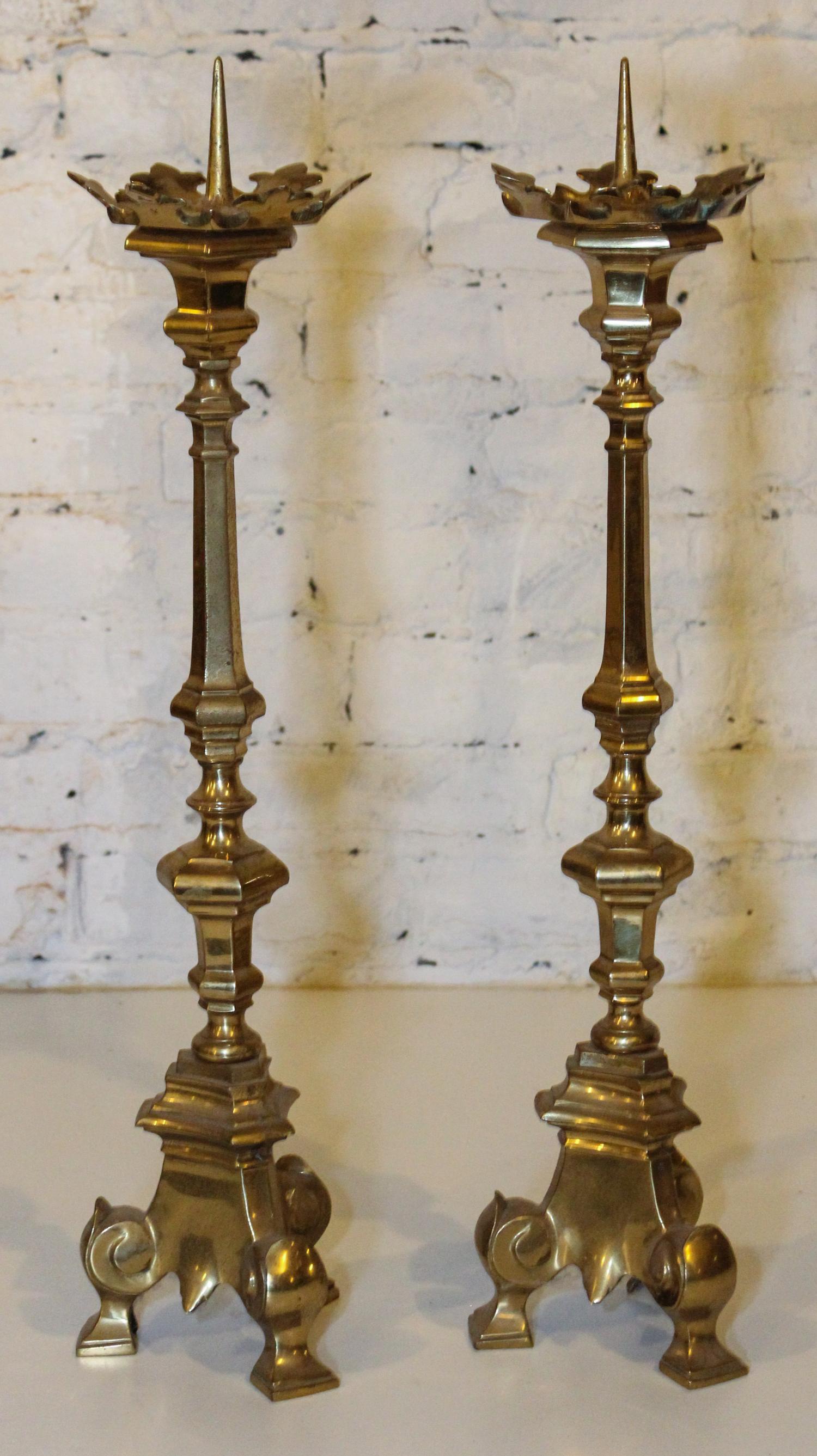 A Pair of Brass Pricket Sticks. Height 24 inches.