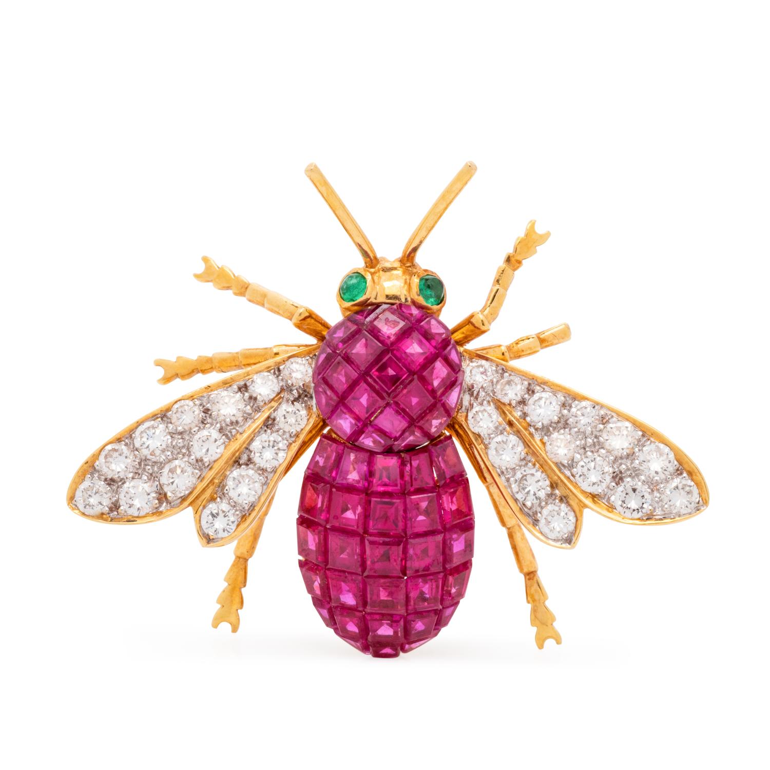 SYNTHETIC RUBY AND DIAMOND BEE BROOCH