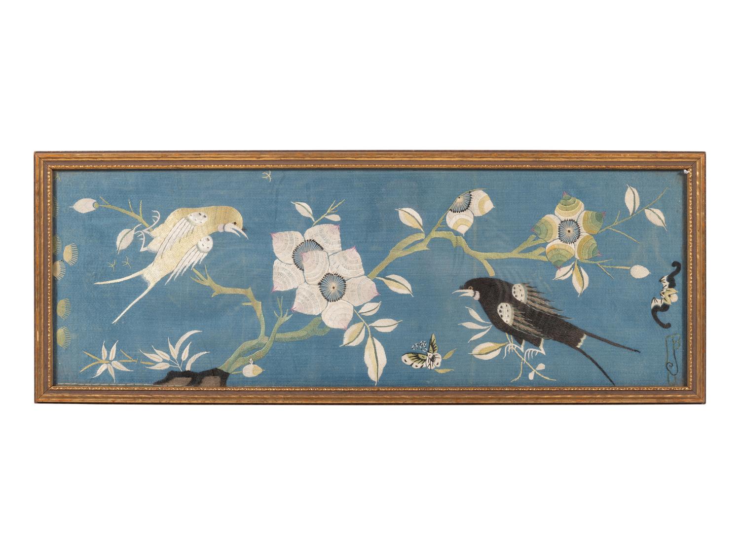 A Pair of Chinese Blue Ground Embroidered Silk 'Bird' Panels