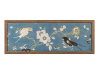 A Pair of Chinese Blue Ground Embroidered Silk 'Bird' Panels