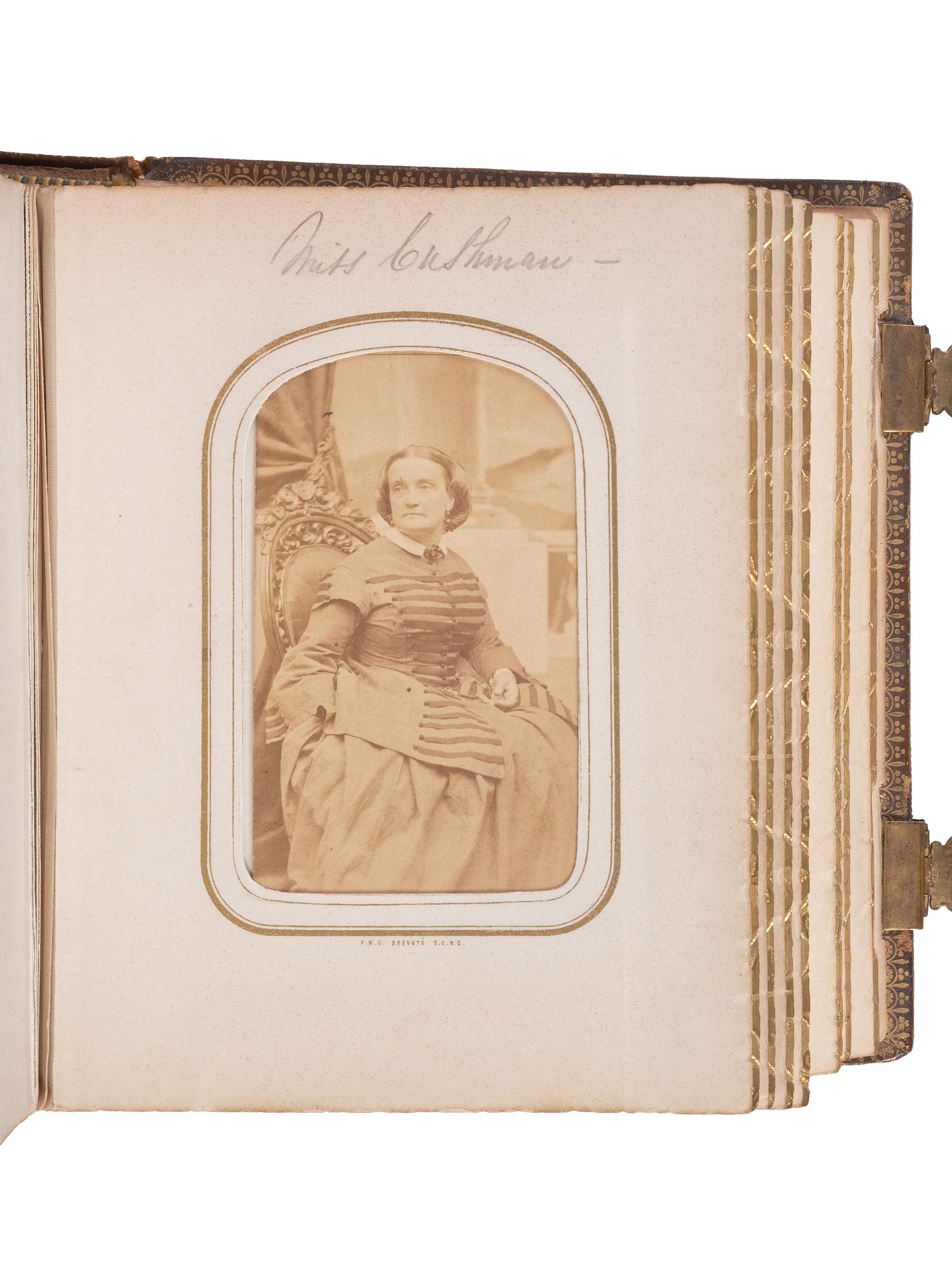[LINCOLNIANA]. Album containing 50 CDVs of personalities from the US and abroad, featuring the Abraham Lincoln "Cooper Union" pose by Mathew Brady.