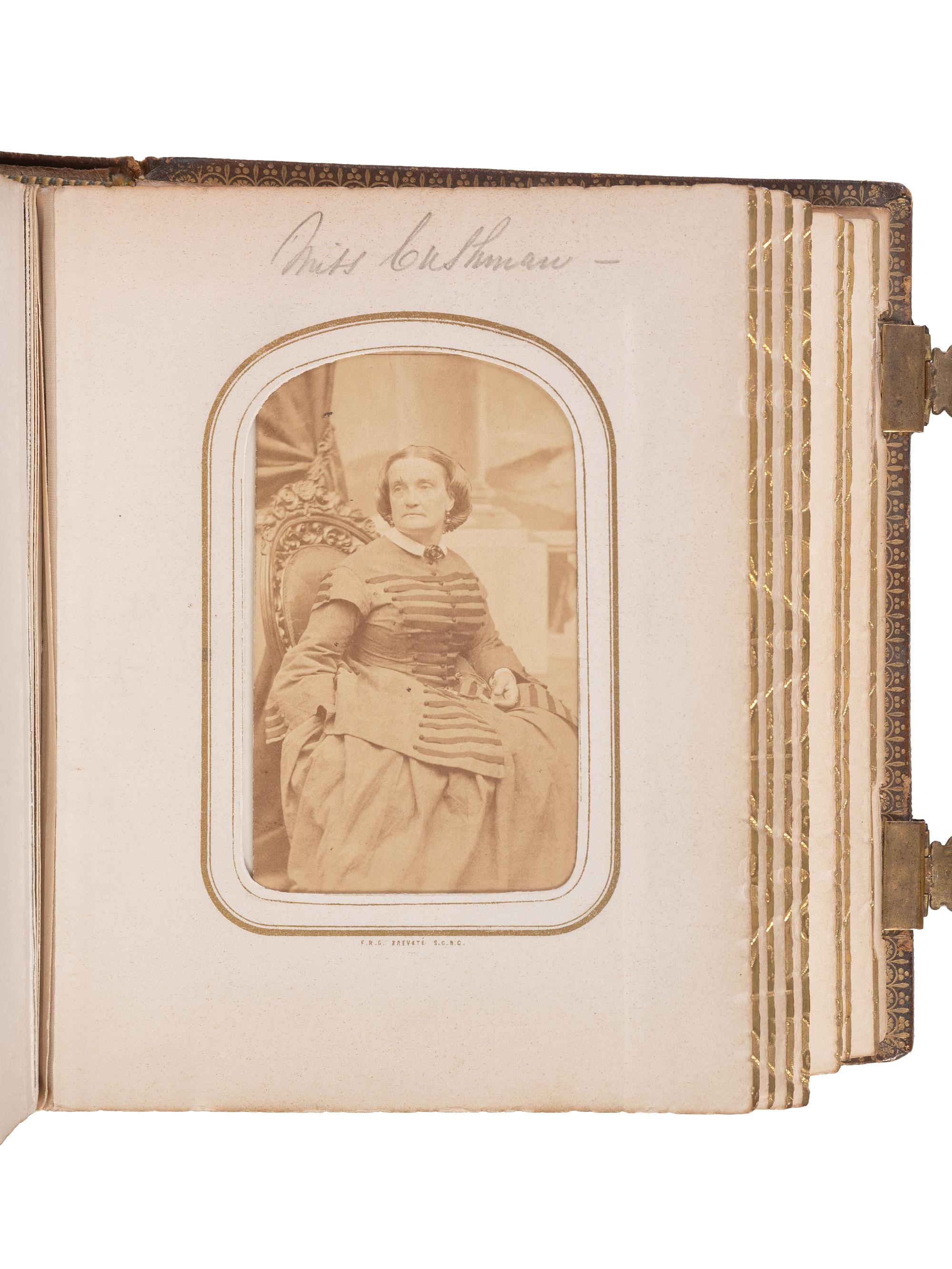 [LINCOLNIANA]. Album containing 50 CDVs of personalities from the US and abroad, featuring the Abraham Lincoln "Cooper Union" pose by Mathew Brady.