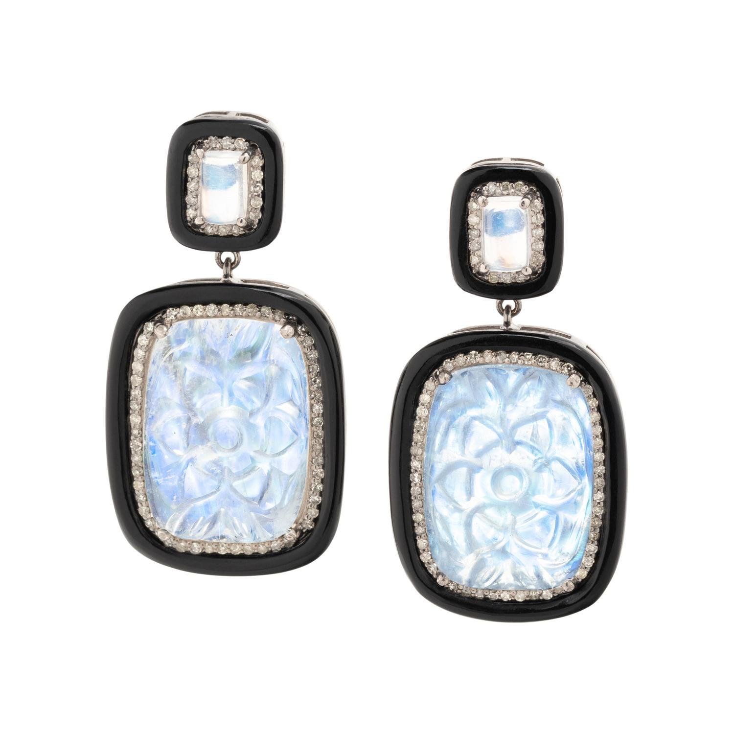 MOONSTONE, DIAMOND AND BLACK ONYX EARRINGS