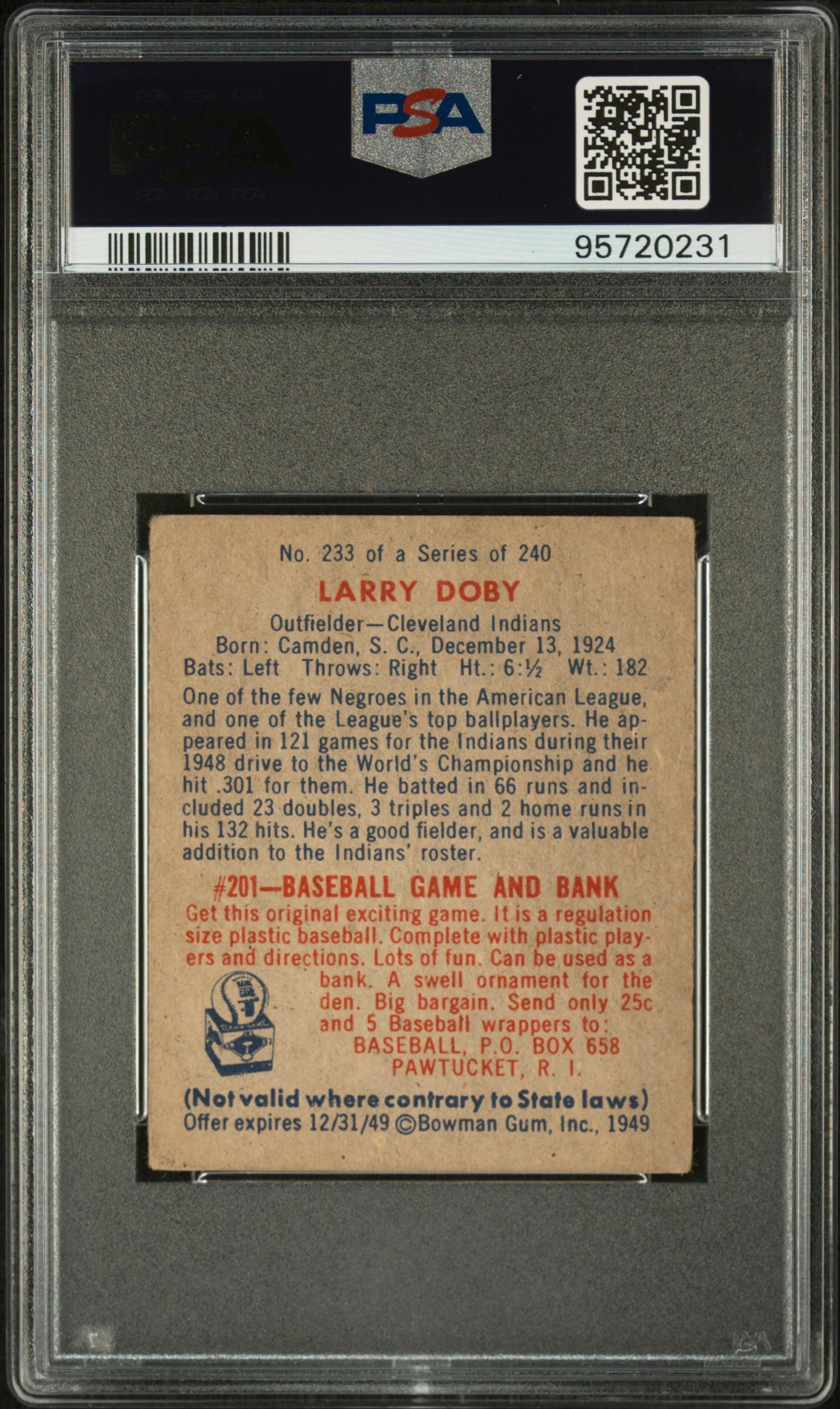 A 1949 Bowman Larry Doby Rookie Baseball Card No. 233 (PSA 3.5 VG+)