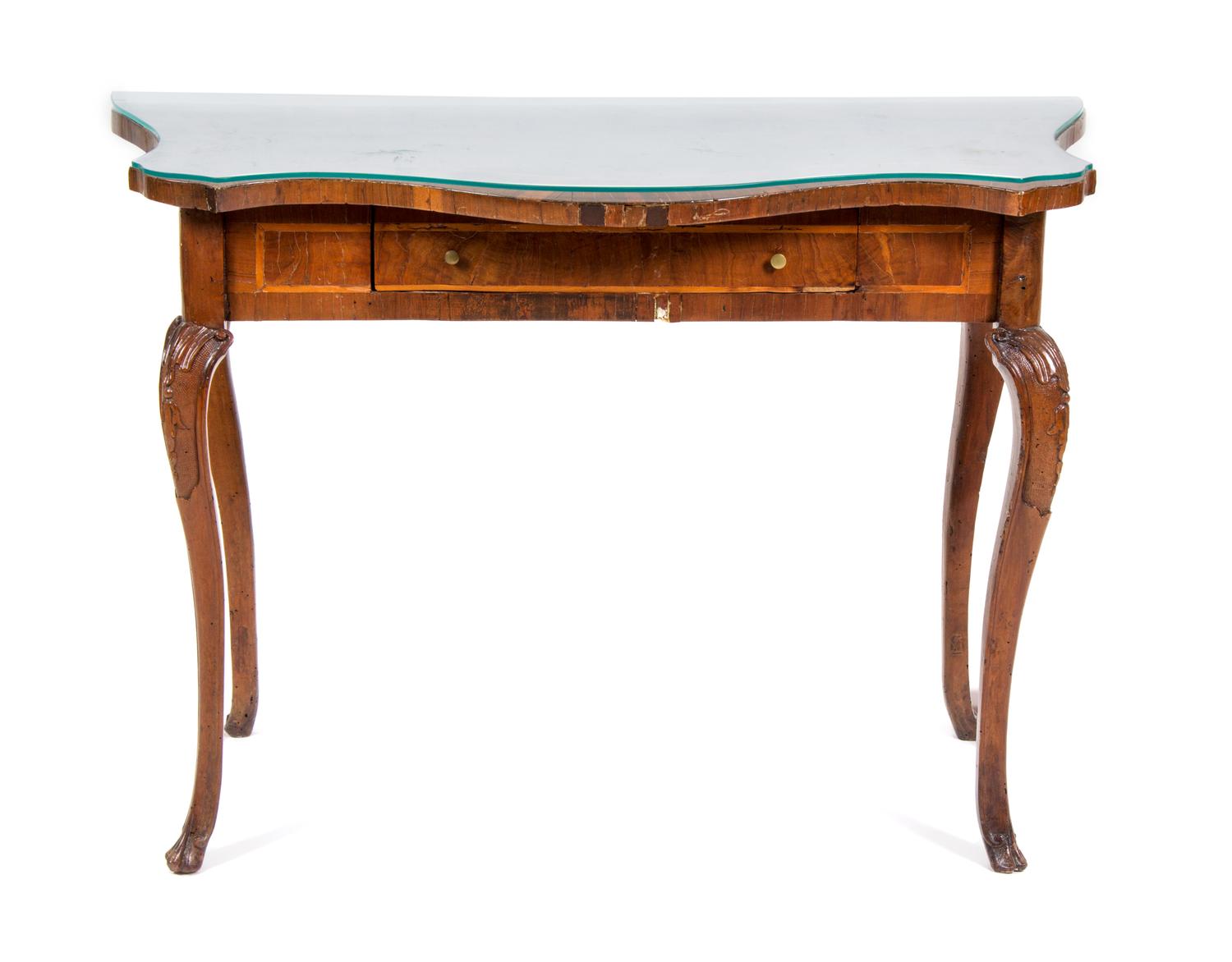 An Italian Walnut Console Table Height 31 1/4 x width 45 x depth 23 1/2 inches.