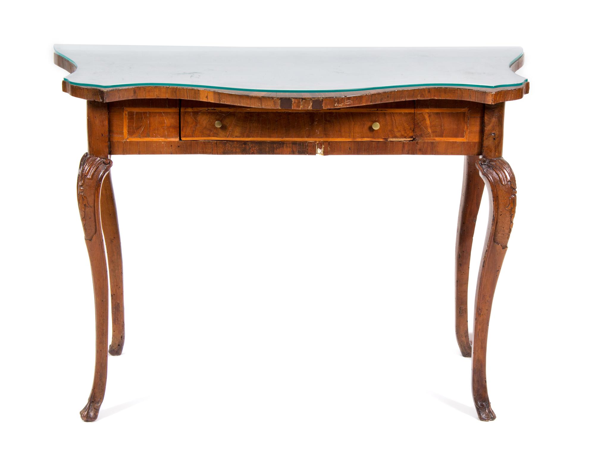 An Italian Walnut Console Table Height 31 1/4 x width 45 x depth 23 1/2 inches.