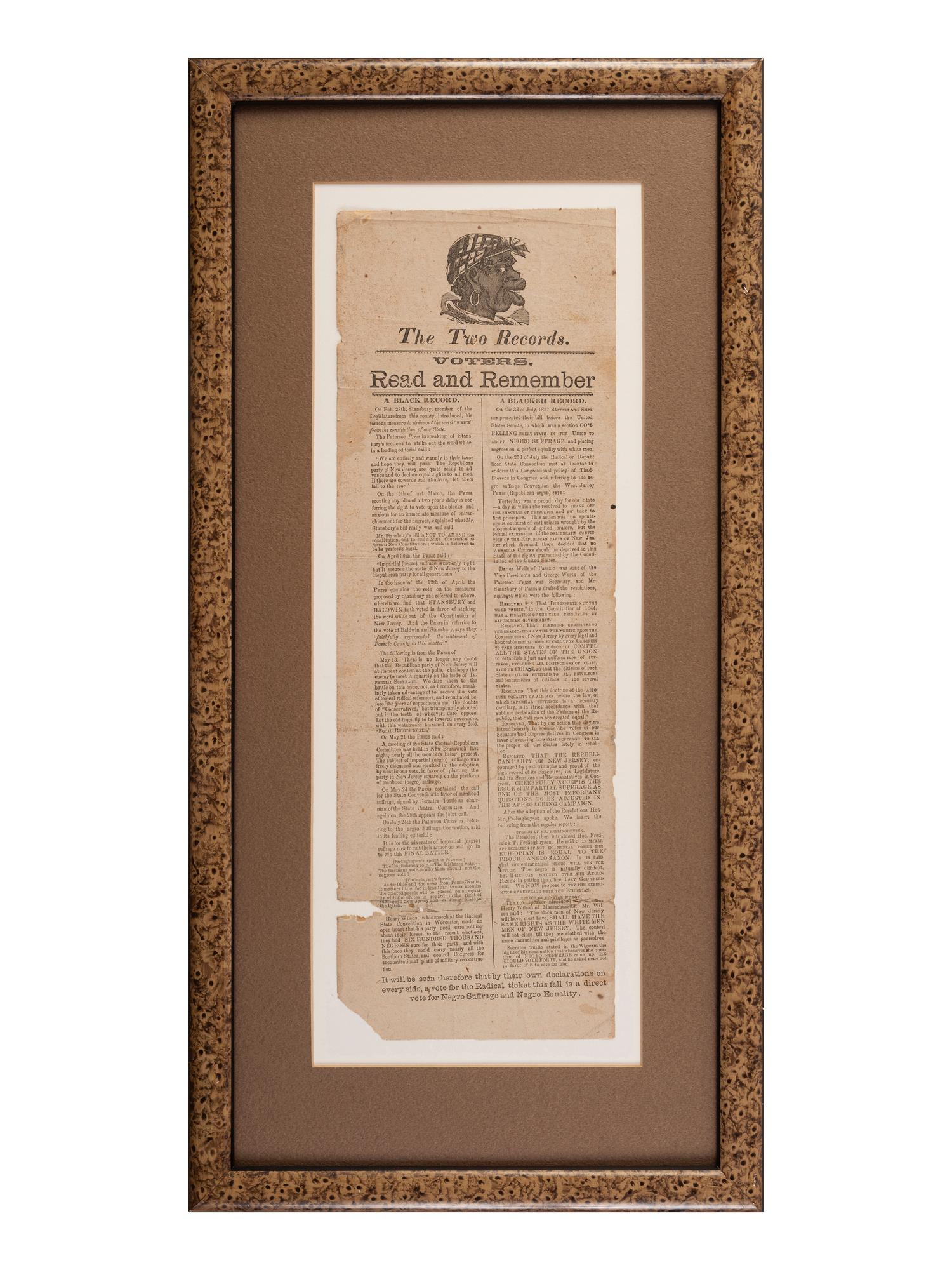 [RECONSTRUCTION - SUFFRAGE]. The Two Records. Voters. Read and Remember. A Black Record / A Blacker Record . Passaic County, New Jersey. N.d., ca 1867.