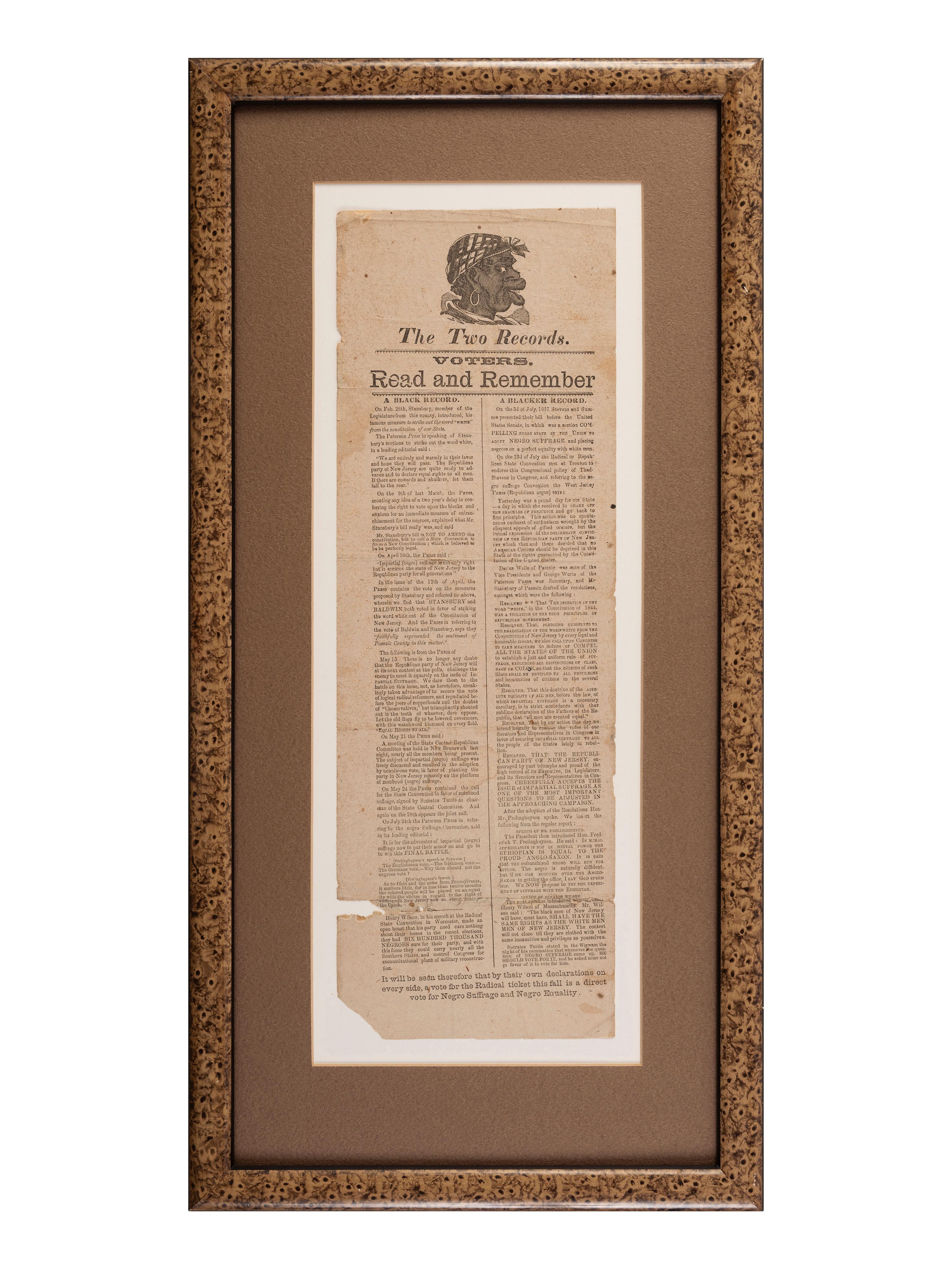 [RECONSTRUCTION - SUFFRAGE]. The Two Records. Voters. Read and Remember. A Black Record / A Blacker Record . Passaic County, New Jersey. N.d., ca 1867.
