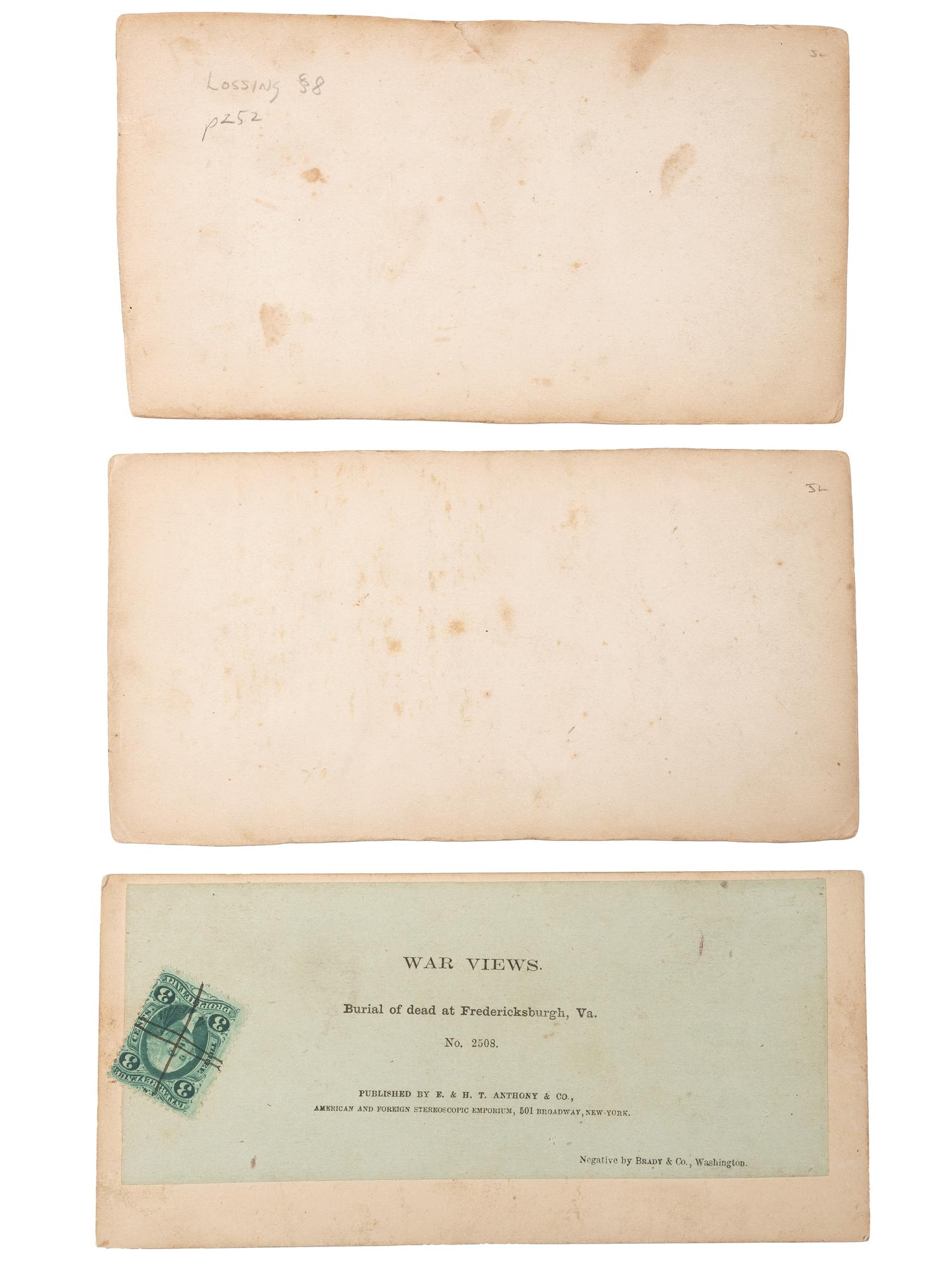 [CIVIL WAR]. A group of 3 stereoviews of battlefields and camp life from "The War for the Union" series. New York: E. & H.T. Anthony, ca 1860s.