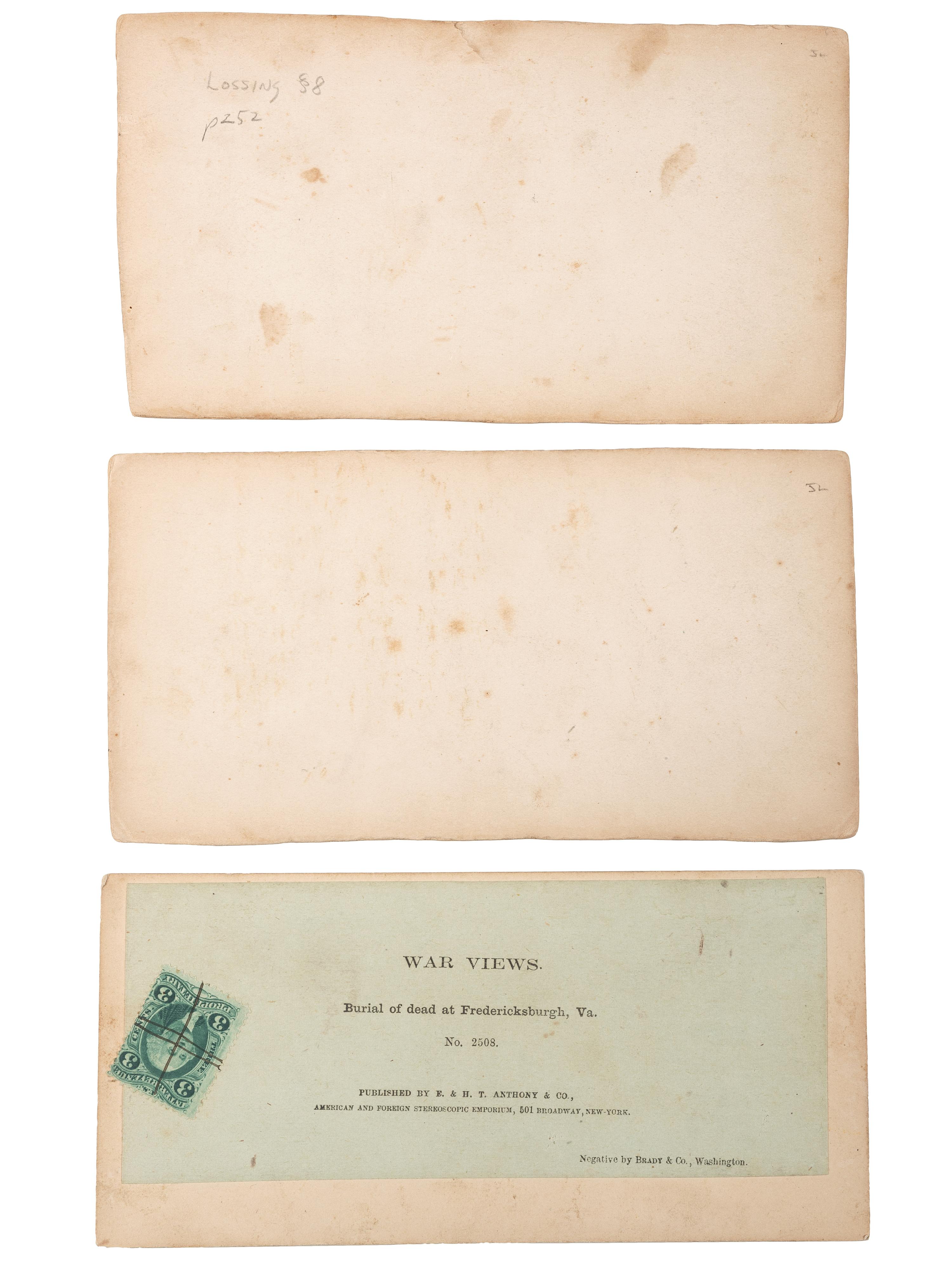 [CIVIL WAR]. A group of 3 stereoviews of battlefields and camp life from "The War for the Union" series. New York: E. & H.T. Anthony, ca 1860s.