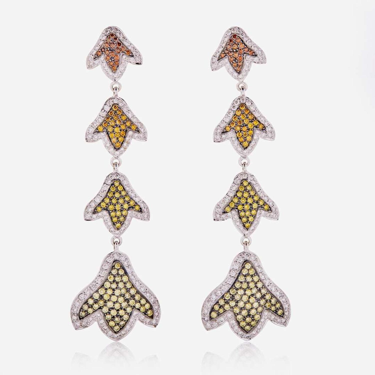 A Pair of 18K White Gold and Multi-Color Diamond Earrings