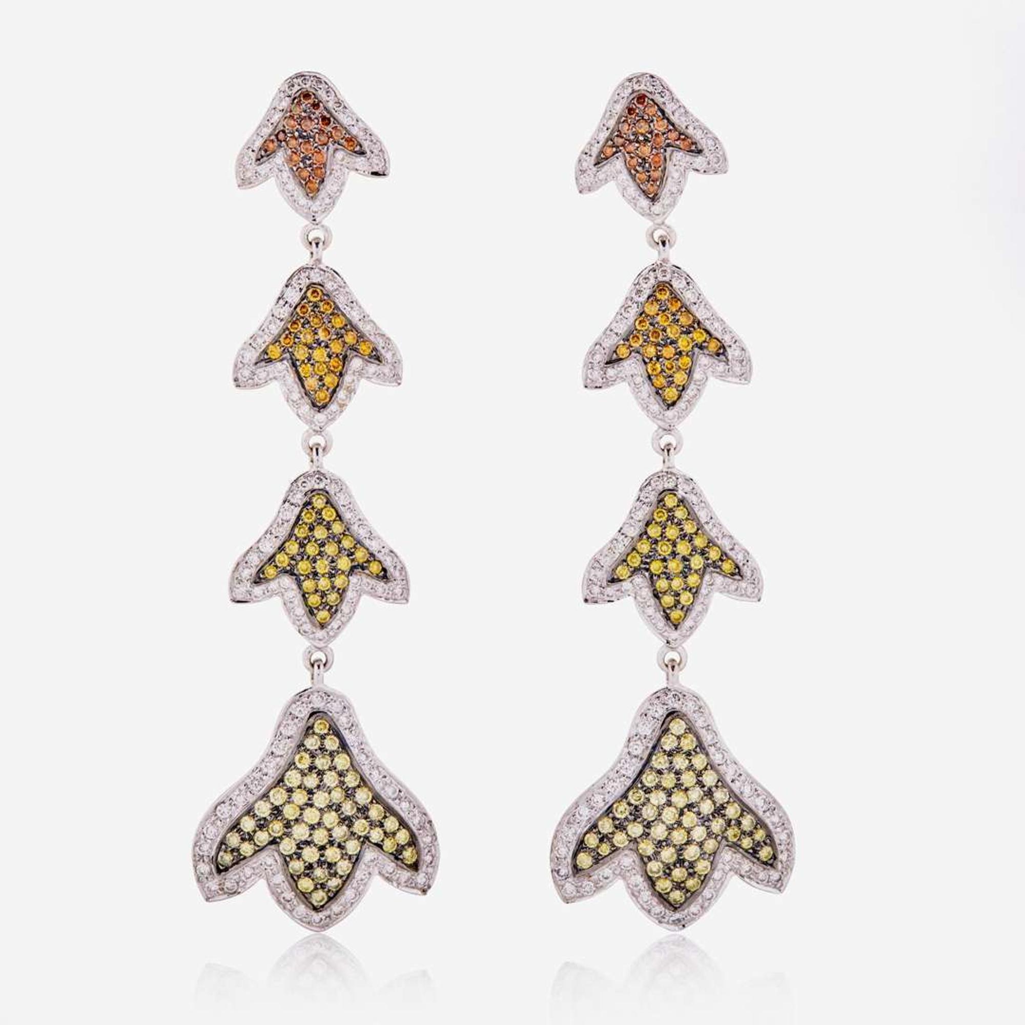 A Pair of 18K White Gold and Multi-Color Diamond Earrings