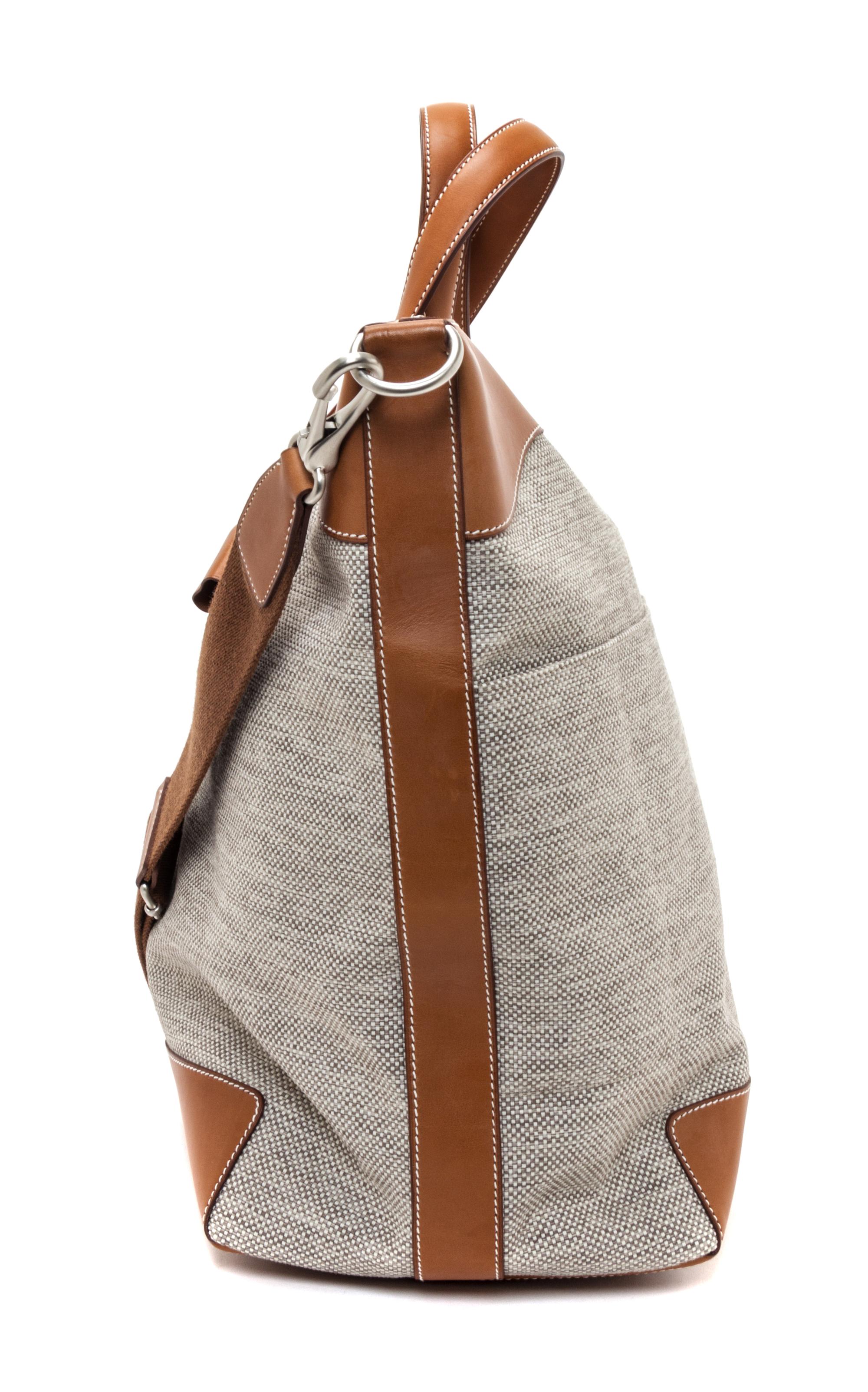 An Hermes Ecru Canvas and Fawn Barenia Calfskin Caleche-Express Medium Tote, 15.3" 14.1" 7.8".